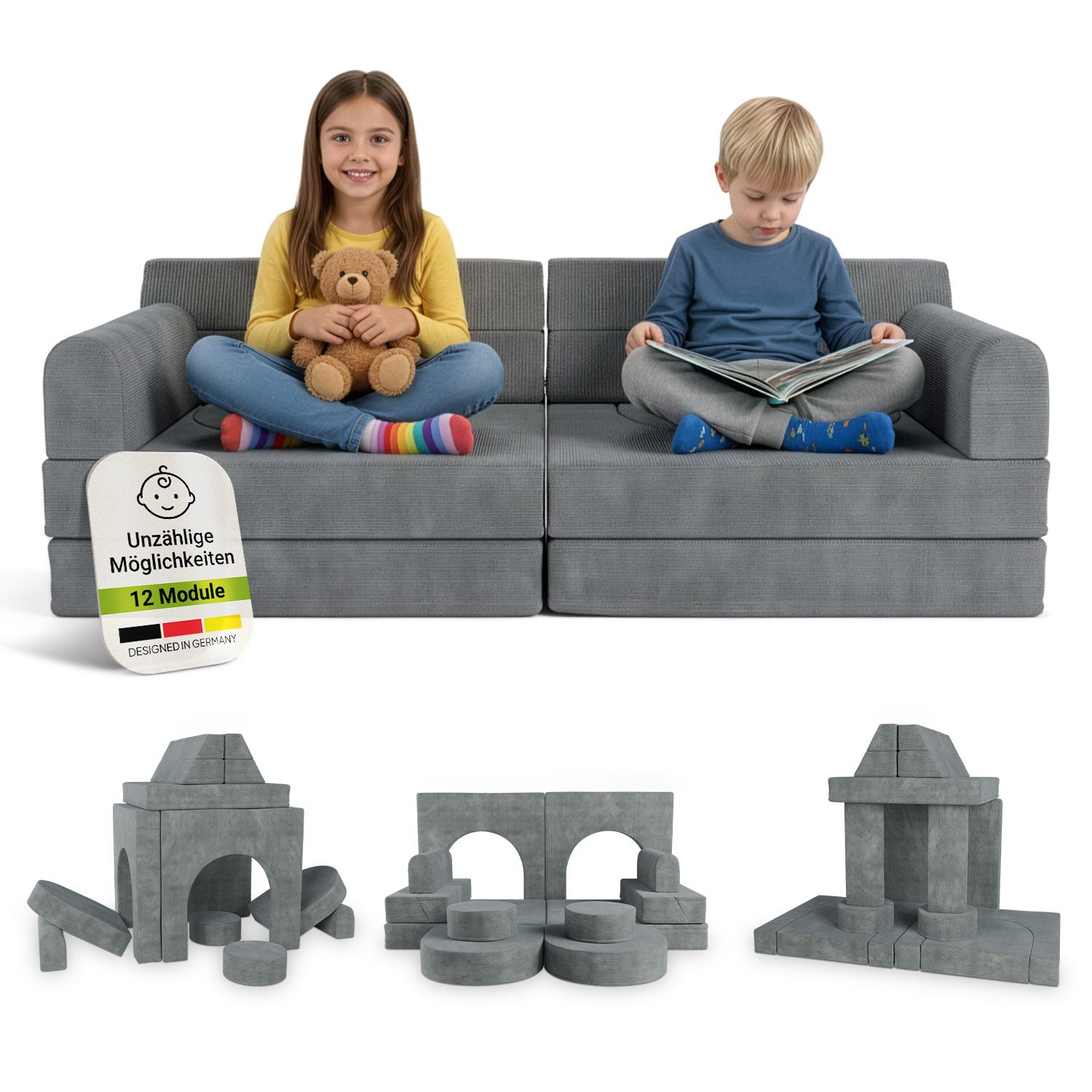 Juskys Kinder Spielsofa Kayo - Hellgr&uuml;n, baubare Stapelsteine f&uuml;r Kinder, pflegeleichte Kindercouch aus Cord 