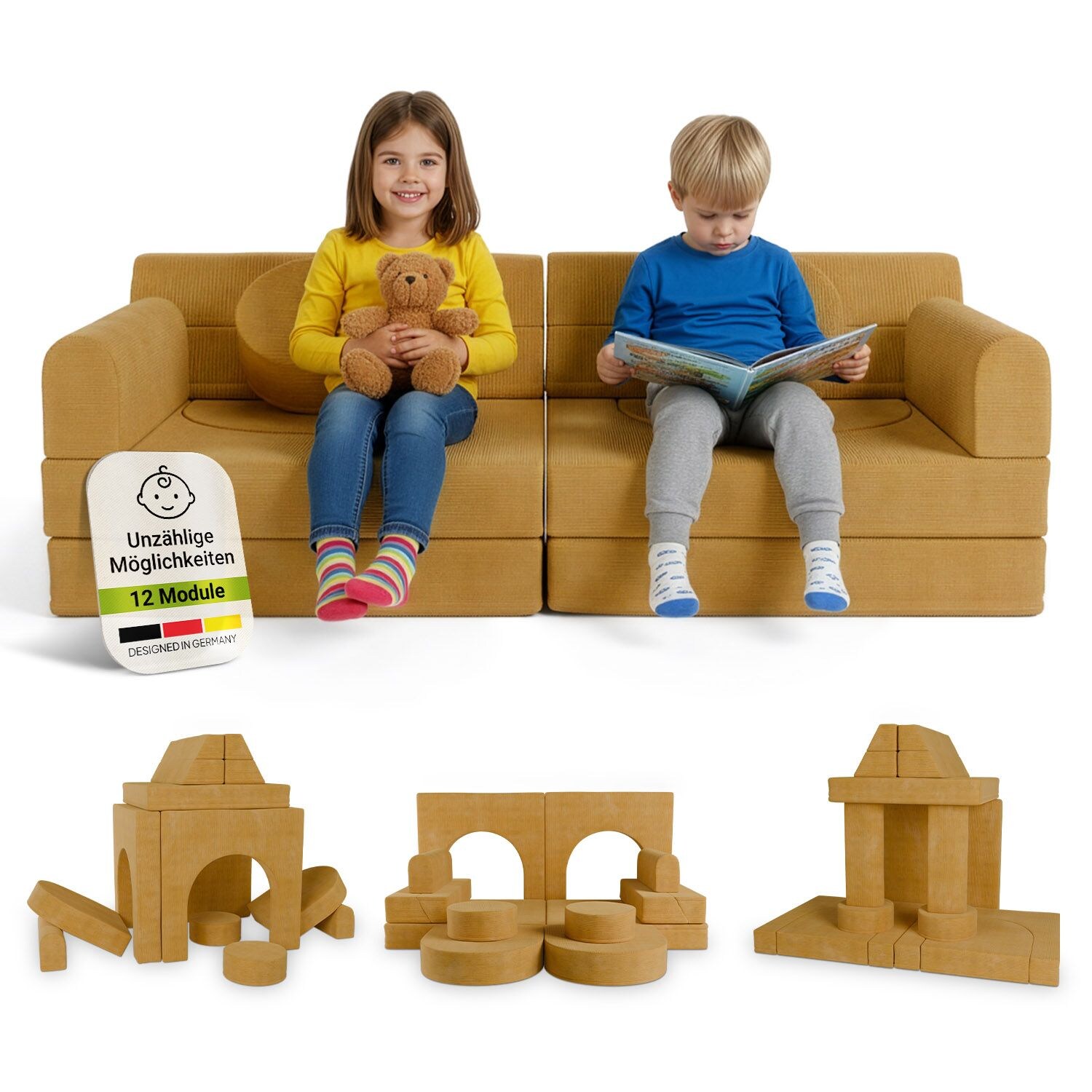 Juskys Kinder Spielsofa Kayo - Gelb, baubare Stapelsteine f&uuml;r Kinder, pflegeleichte Kindercouch aus Cord 