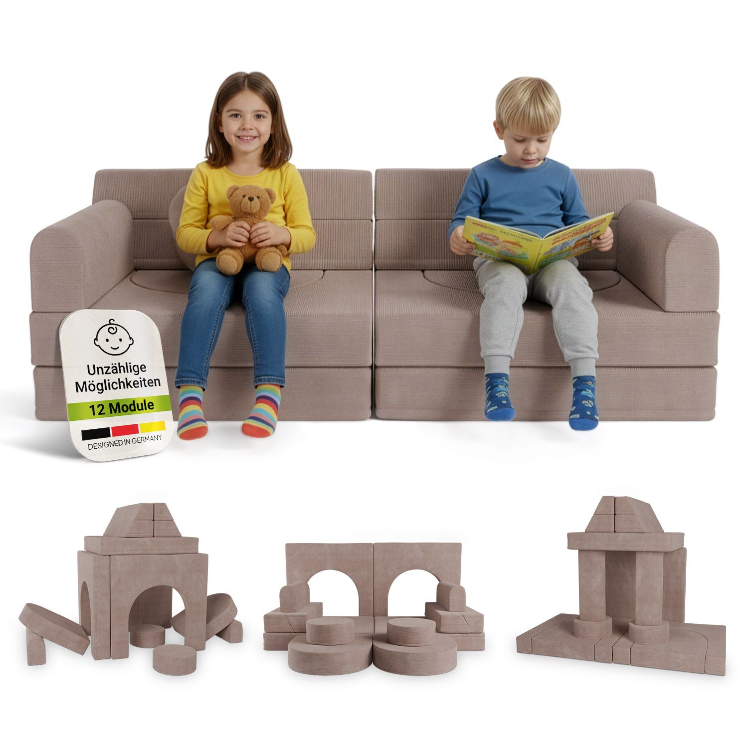 Juskys Kinder Spielsofa Kayo - Rosa, baubare Stapelsteine f&uuml;r Kinder, pflegeleichte Kindercouch aus Cord 