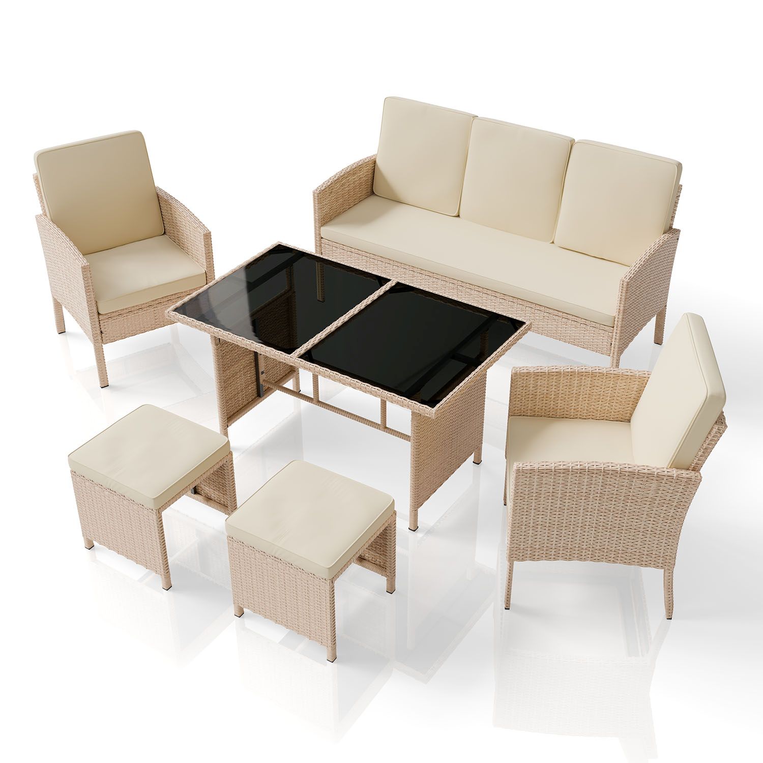 Juskys Polyrattan Gartenm&ouml;bel Sitzgruppe Turin Set 6 teilig - Outdoor M&ouml;bel mit Tisch &ndash; Lounge Creme 