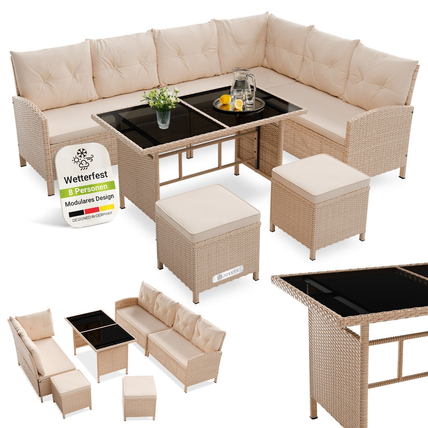 Juskys Gartenlounge Manacor creme - Sofa, Tisch, Hocker & Kissen - 8 Personen - Sitzbez&uuml;ge in Sand 