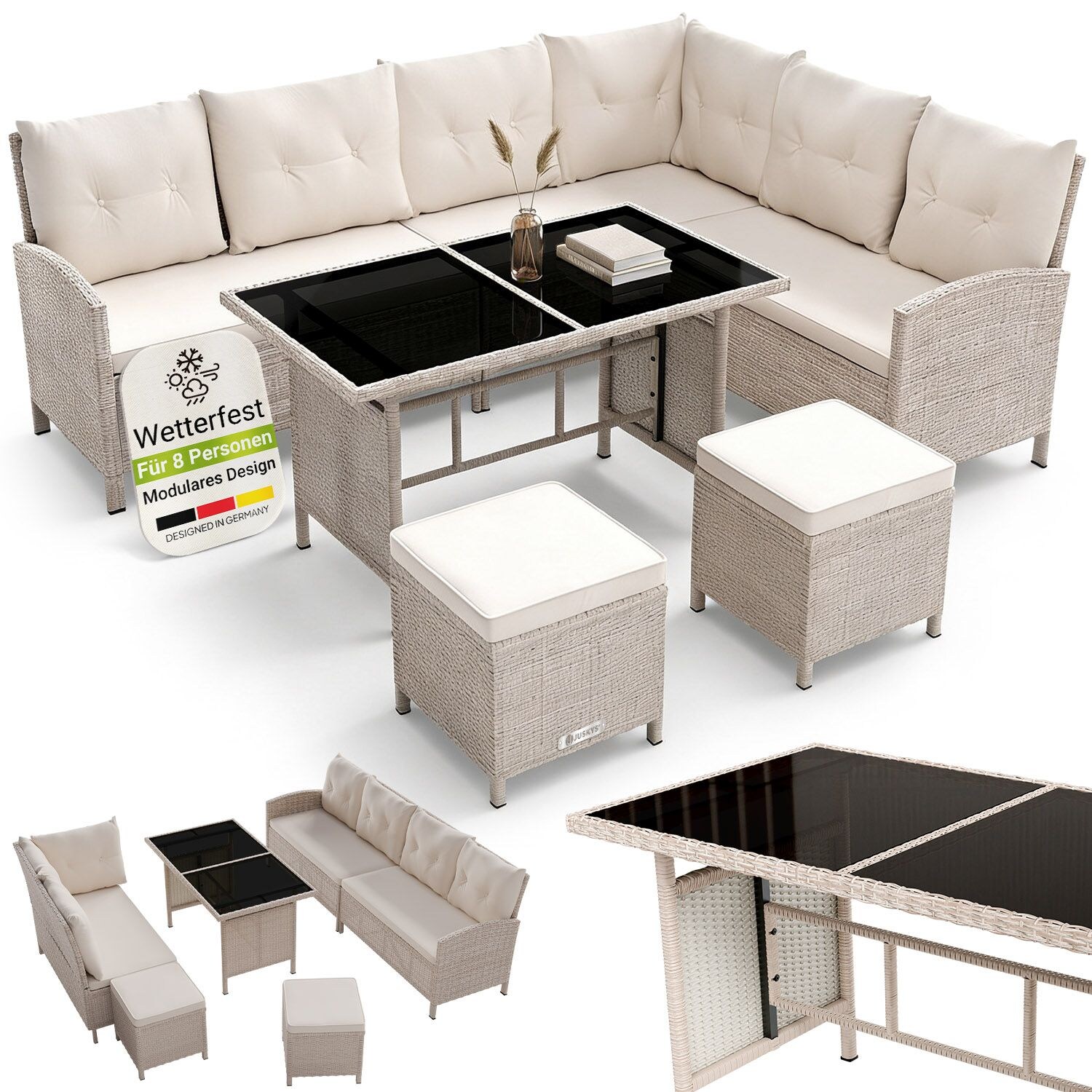 Gartenlounge Manacor creme - Sofa, Tisch, Hocker & Kissen - 8 Personen - Sitzbezüge in Sand