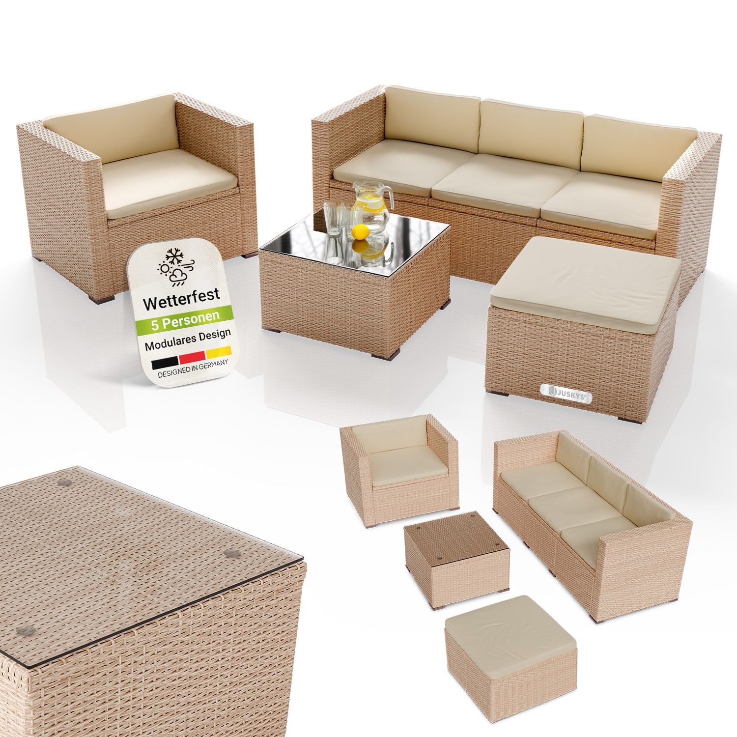 Juskys Polyrattan Lounge Punta Cana L creme, 4-5 Personen &ndash; Sessel, Sofa, Tisch & Hocker 