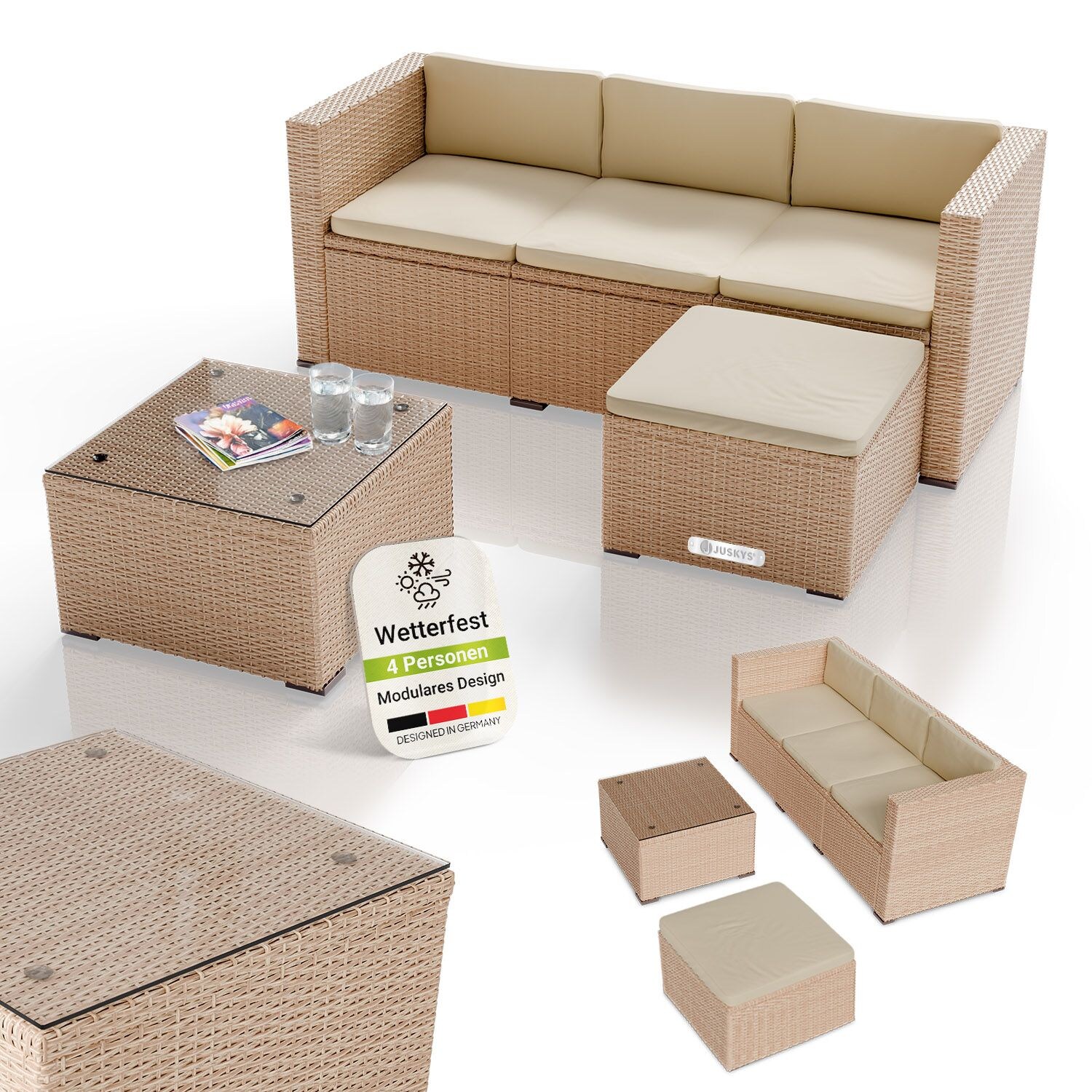Polyrattan Lounge Punta Cana M creme, 3-4 Personen – Sofa, Tisch & Hocker