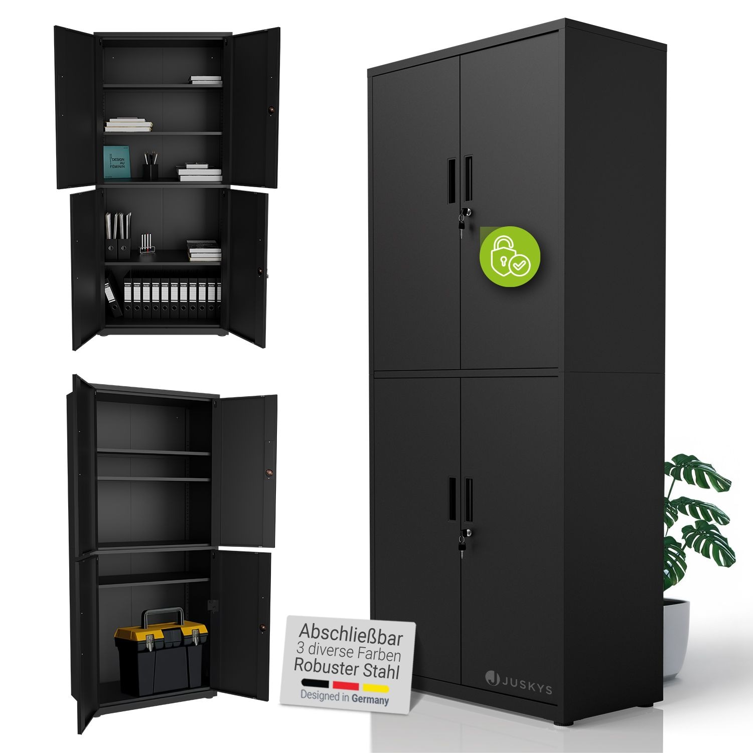 Juskys Aktenschrank aus Metall &ndash; 180x80x40 cm, 2 T&uuml;ren, abschlie&szlig;bar & h&ouml;henverstellbar - Schwarz 