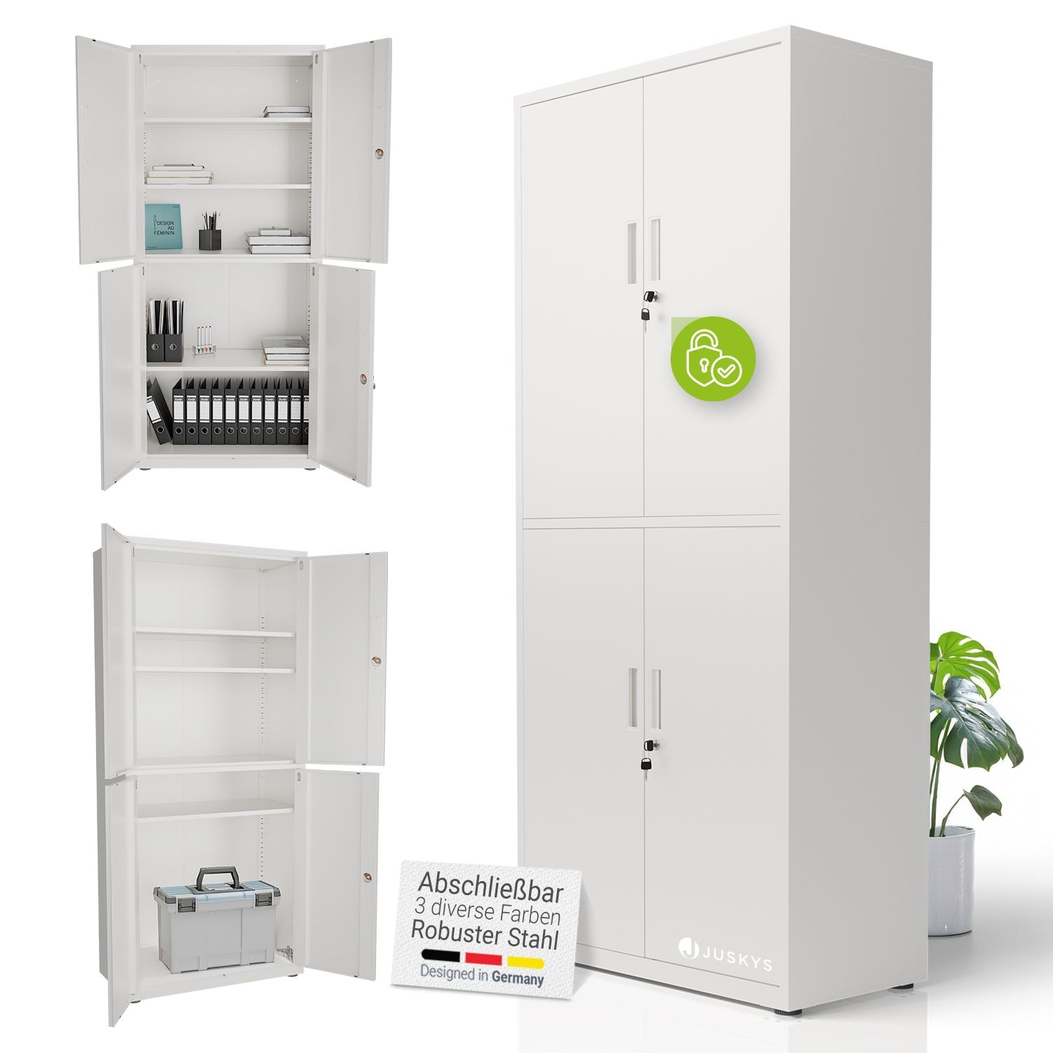 Juskys Aktenschrank aus Metall &ndash; 180x80x40 cm, 2 T&uuml;ren, abschlie&szlig;bar & h&ouml;henverstellbar - Wei&szlig; 