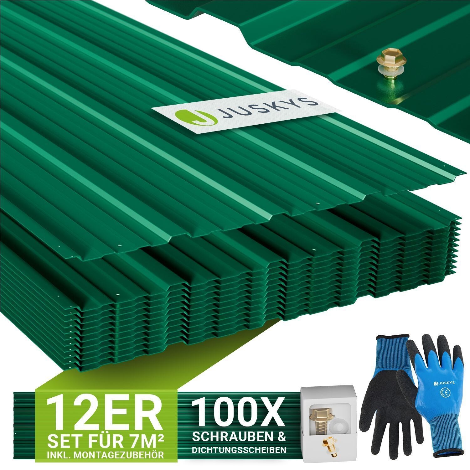 JUSKYS® Profilblech Grün - 12er Set, 129x45 cm, 0,23 mm, verzinkter Stahl, UV-beständig, hohe Tragfähigkeit, mit vorgebohrten Löchern
