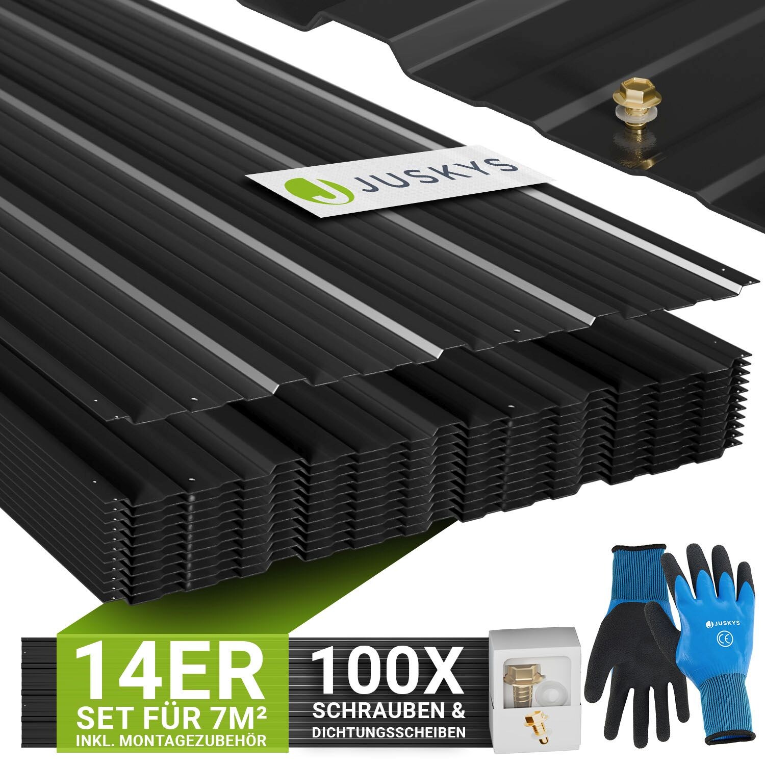 JUSKYS® Profilblech Anthrazit - 14er Set, 110x45 cm, 0,23 mm, verzinkter Stahl, UV-beständig, hohe Tragfähigkeit, mit vorgebohrten Löchern
