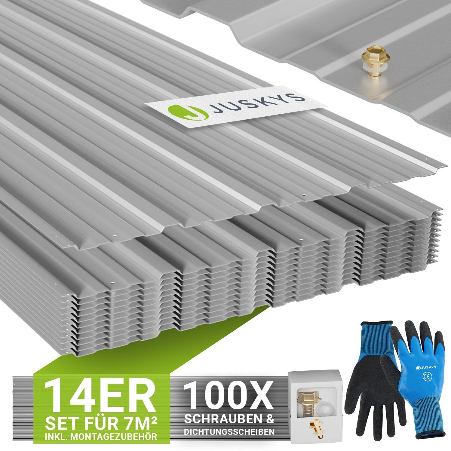 JUSKYS® Profilblech Grau - 14er Set, 110x45 cm, 0,23 mm, verzinkter Stahl, UV-beständig, hohe Tragfähigkeit, mit vorgebohrten Löchern