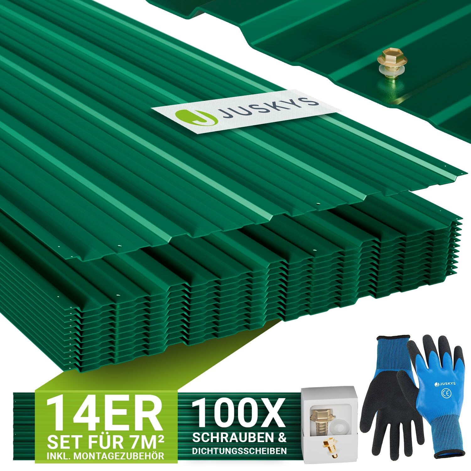 JUSKYS® Profilblech Grün - 14er Set, 110x45 cm, 0,23 mm, verzinkter Stahl, UV-beständig, hohe Tragfähigkeit, mit vorgebohrten Löchern
