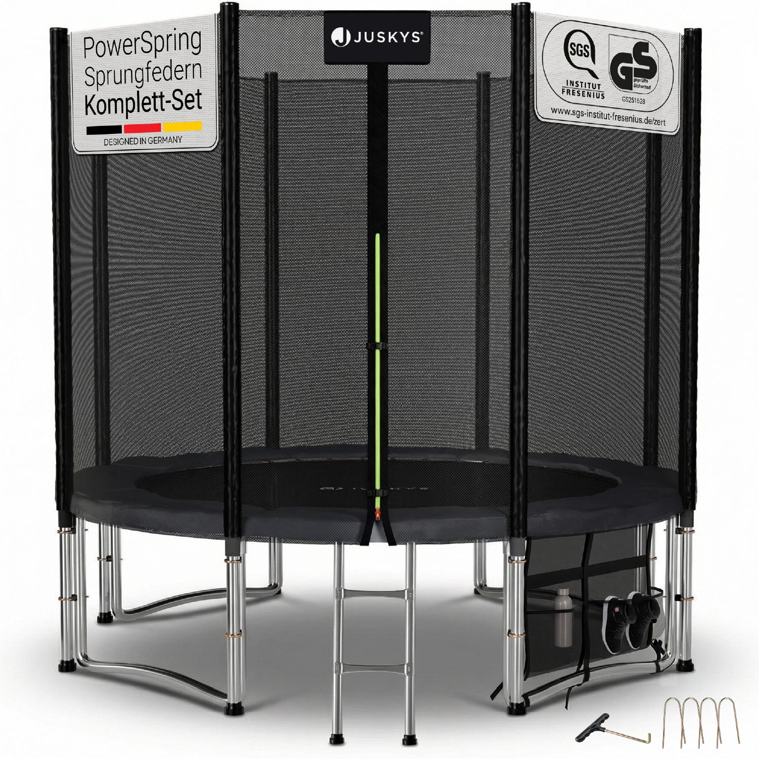 Juskys Trampolin JumpMaster M &Oslash; 244 cm &ndash; Gartentrampolin mit Netz, Leiter & Bodenankern 