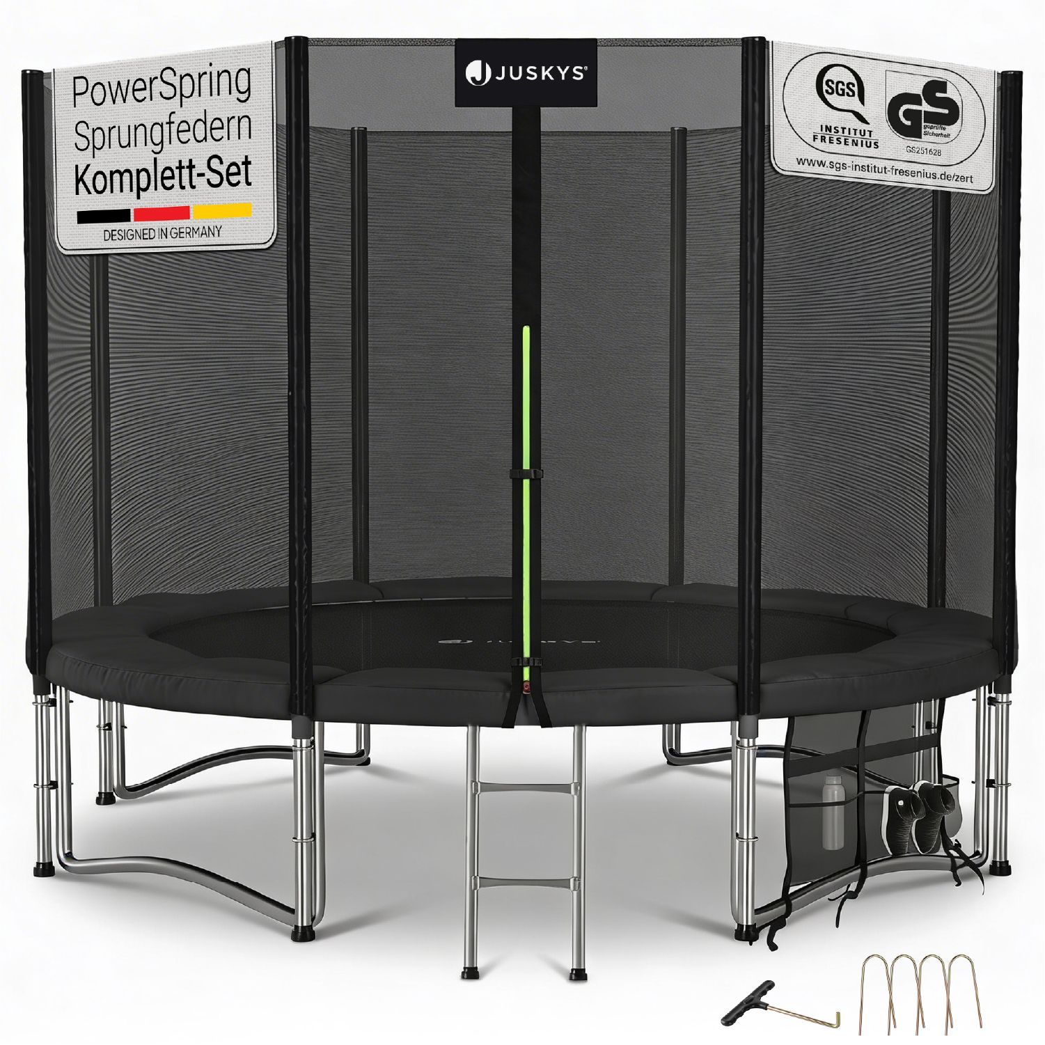 Juskys Trampolin JumpMaster XL &Oslash; 305 cm &ndash; Gartentrampolin mit Netz, Leiter & Bodenankern 
