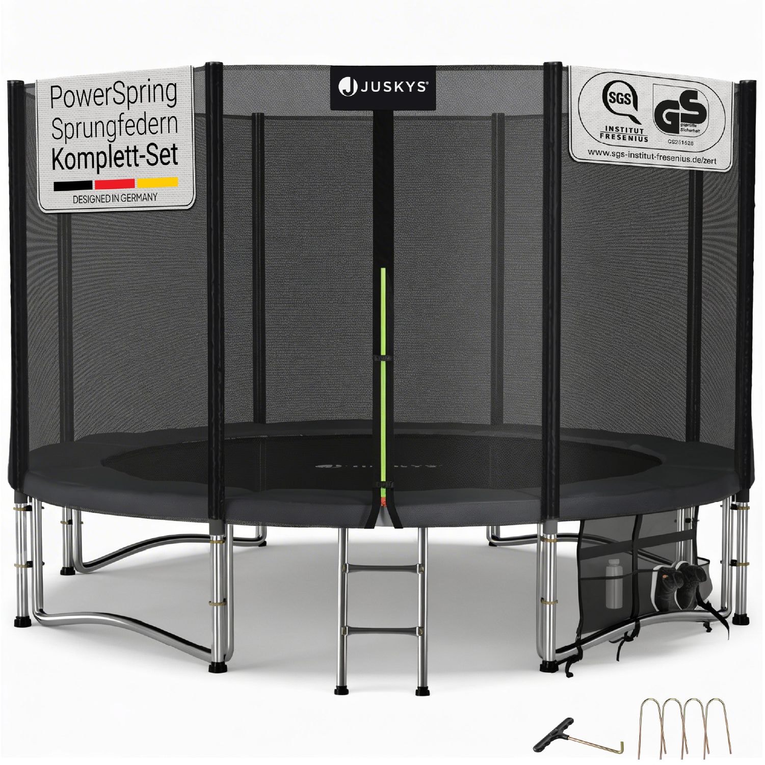 Juskys Trampolin JumpMaster XL &Oslash; 366 cm &ndash; Gartentrampolin mit Netz, Leiter & Bodenankern 