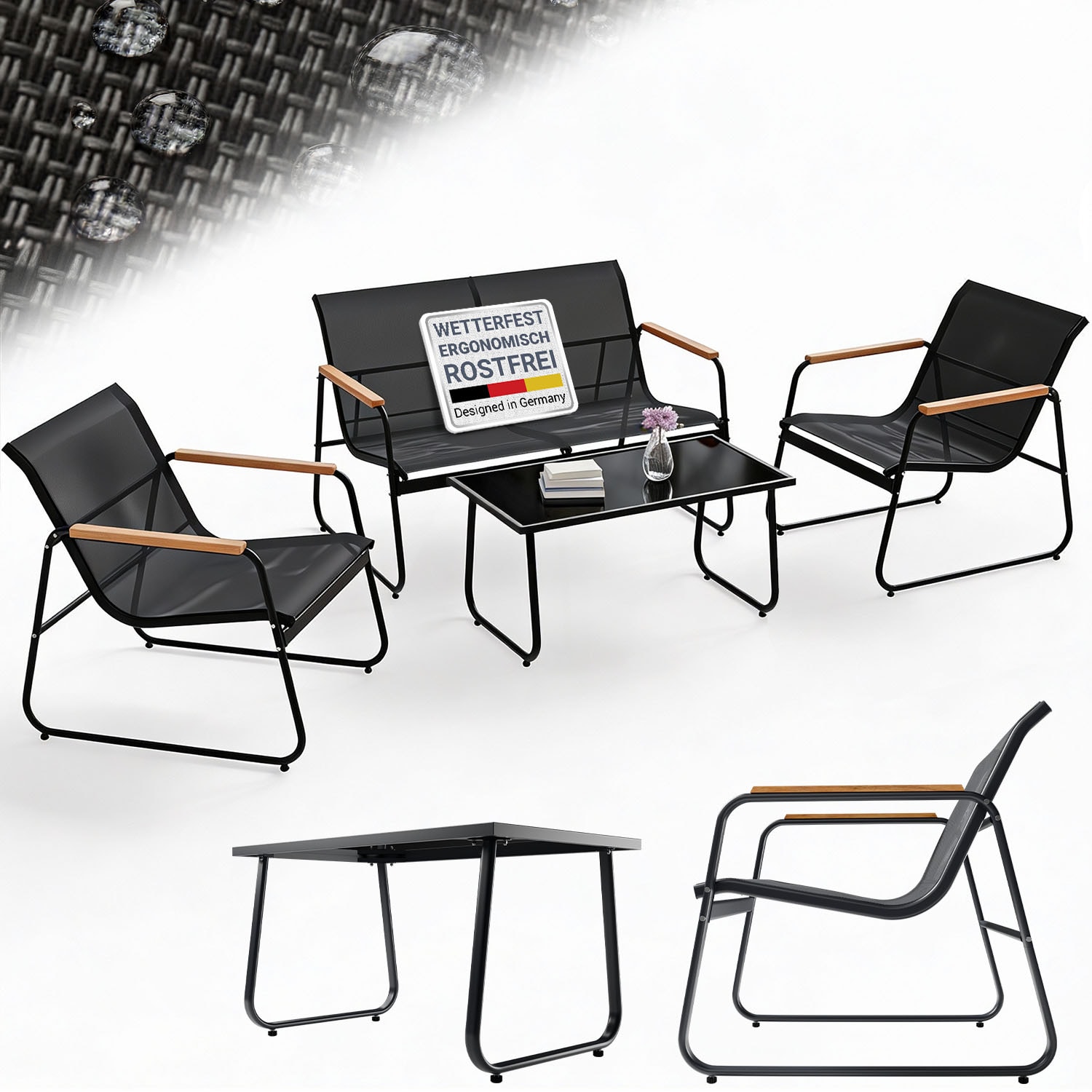 Juskys Gartenm&ouml;belset Genua 4-tlg. &ndash; Outdoor Sitzgruppe in Anthrazit - aus Metall mit Armlehnen 