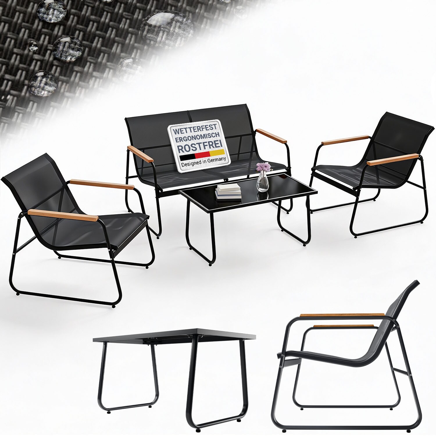 Gartenmöbelset Genua 4-tlg. – Outdoor Sitzgruppe in Anthrazit - aus Metall mit Armlehnen