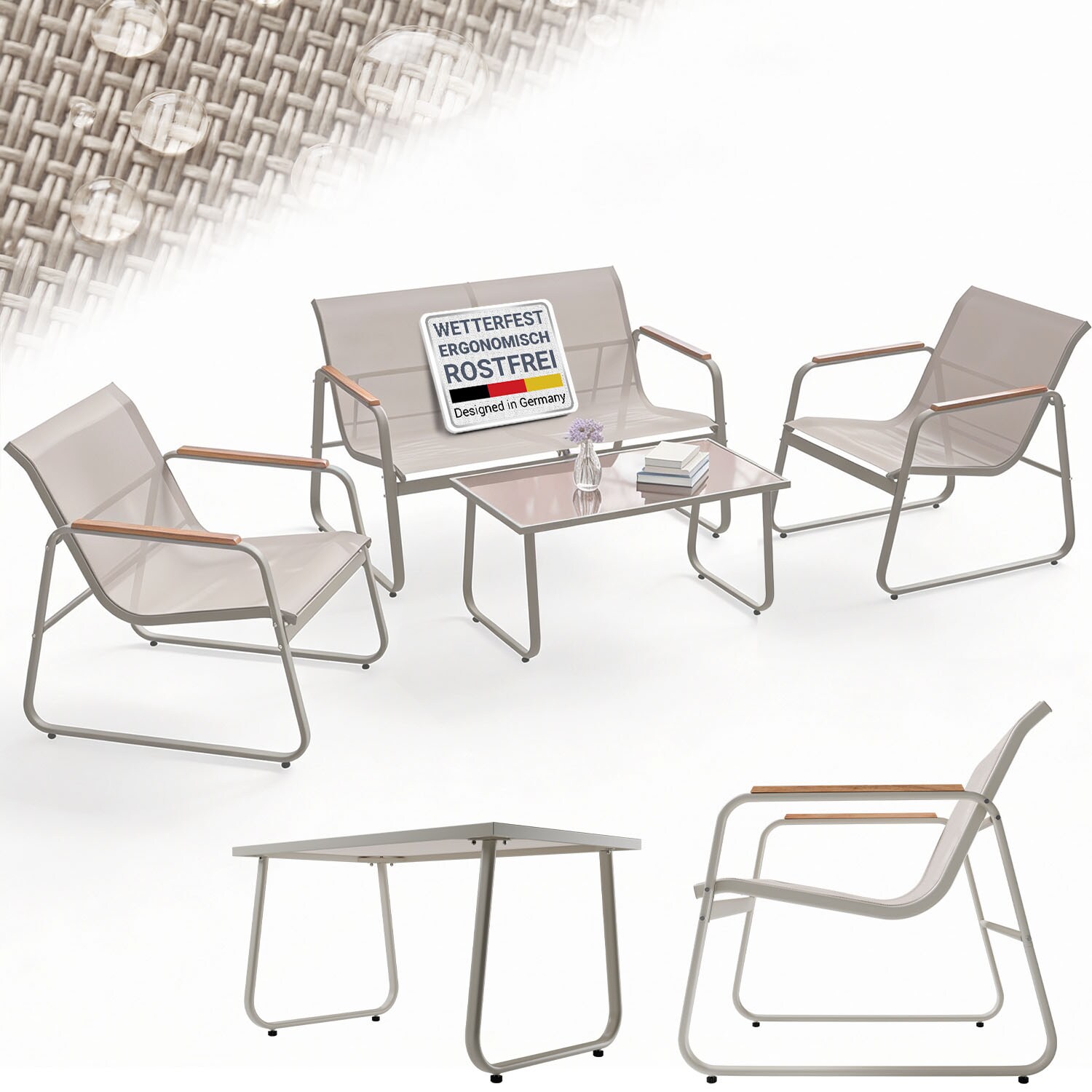 Gartenmöbelset Genua 4-tlg. – Outdoor Sitzgruppe in Sand - aus Metall mit Armlehnen