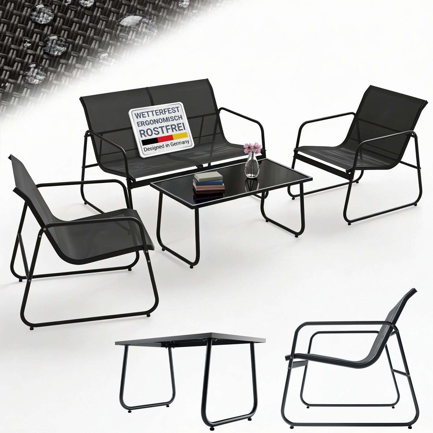 Gartenmöbelset Genua 4-tlg. – Outdoor Sitzgruppe für Balkon & Garten in Anthrazit - aus Metall