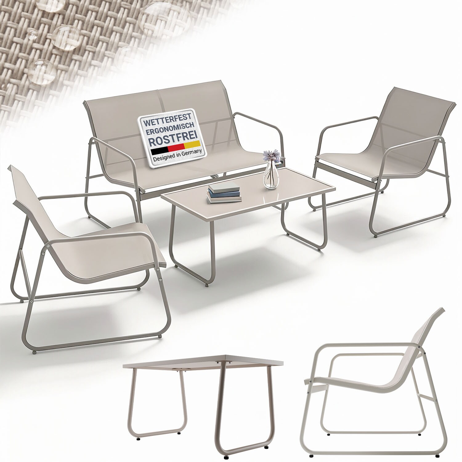 Gartenmöbelset Genua 4-tlg. – Outdoor Sitzgruppe für Balkon & Garten in Sand - aus Metall