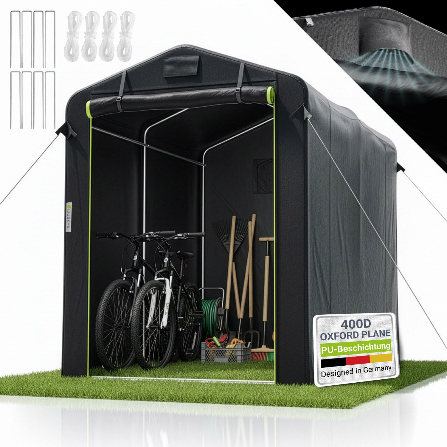 Juskys&reg; Ger&auml;tezelt S - 3,6 m&sup3; Outdoor Unterstand mit Fenster & T&uuml;r, 180x120x165 cm, wasserfeste Plane & Metallrahmenkonstruktion, Schutz im Au&szlig;enbereich 