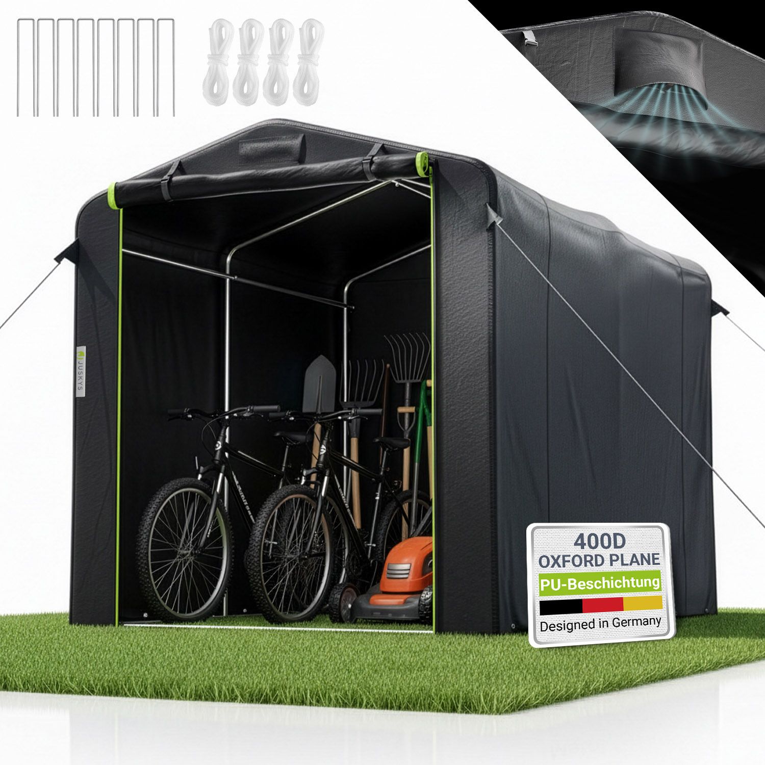 Juskys&reg; Ger&auml;tezelt M - 6,2 m&sup3; Outdoor Unterstand mit Fenster & T&uuml;r, 220x160x175 cm, wasserfeste Plane & Metallrahmenkonstruktion, Schutz im Au&szlig;enbereich 