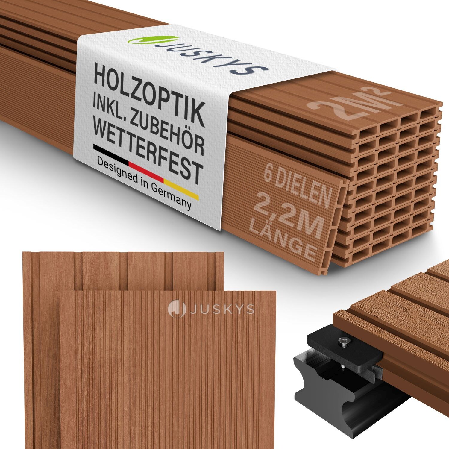 WPC Terrassendielen 2 m² – 220 cm Dielen, wetterfest inkl. Unterkonstruktion – Teak