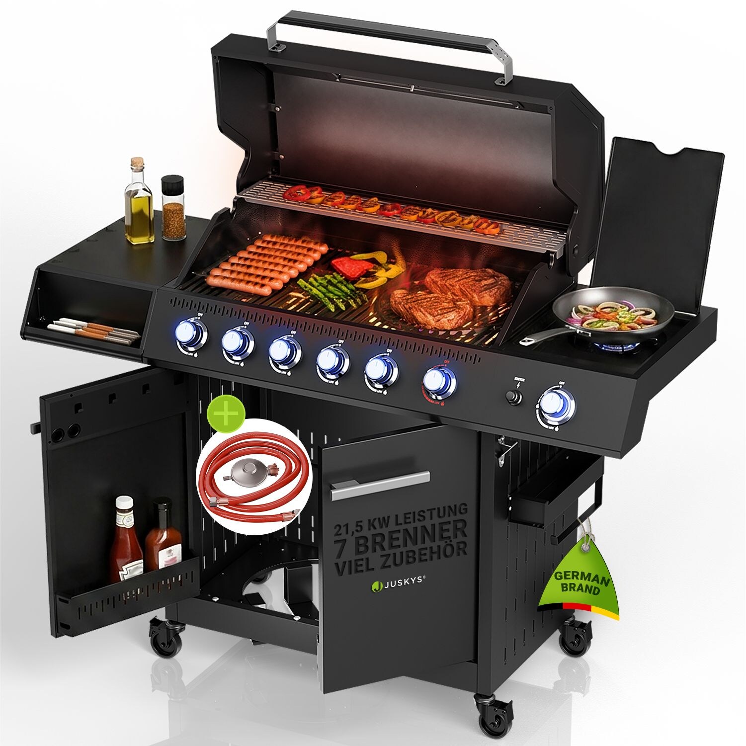 JUSKYS® Gasgrill Tennessee 6+1 – Grillwagen mit Sichtfenster & Gusseisenrost