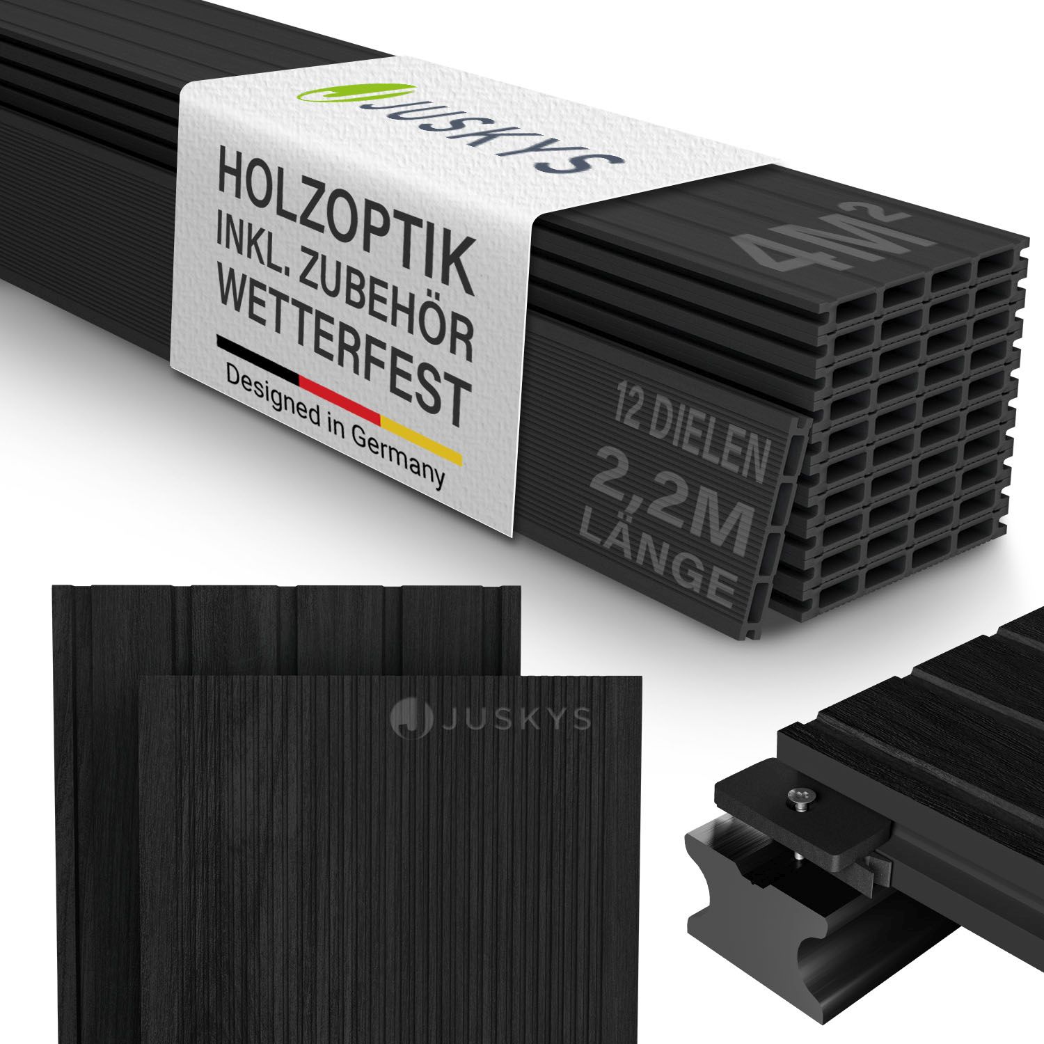 Juskys WPC Terrassendielen 4 m&sup2; &ndash; 220 cm Dielen, wetterfest inkl. Unterkonstruktion &ndash; Anthrazit 