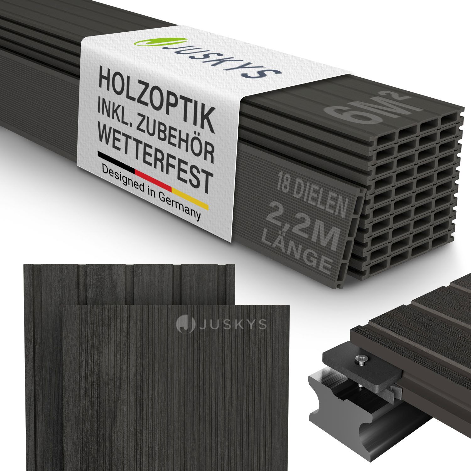 Juskys WPC Terrassendielen 6 m&sup2; &ndash; 220 cm Dielen, wetterfest inkl. Unterkonstruktion &ndash; Grau 