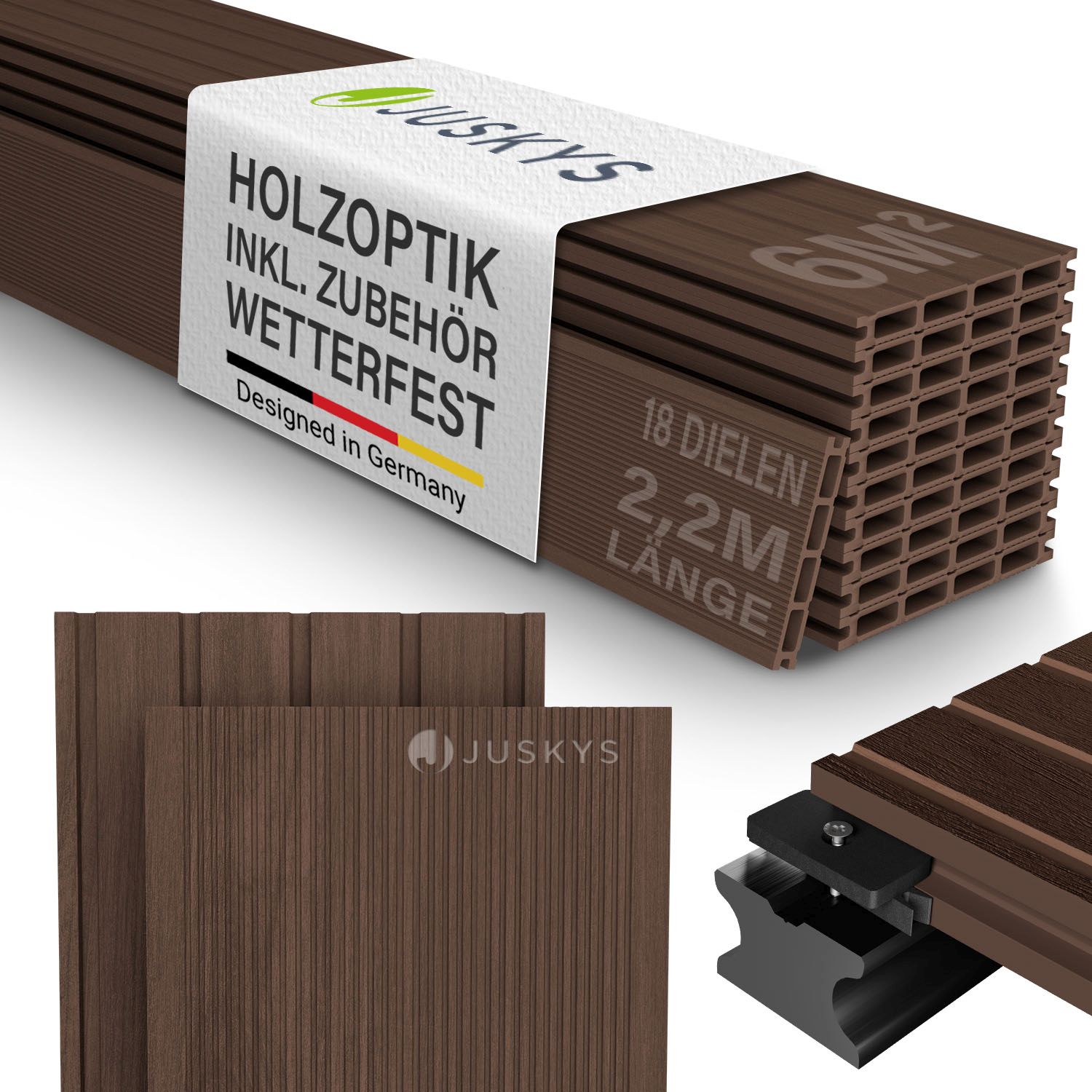 Juskys WPC Terrassendielen 6 m&sup2; &ndash; 220 cm Dielen, wetterfest inkl. Unterkonstruktion &ndash; Braun 