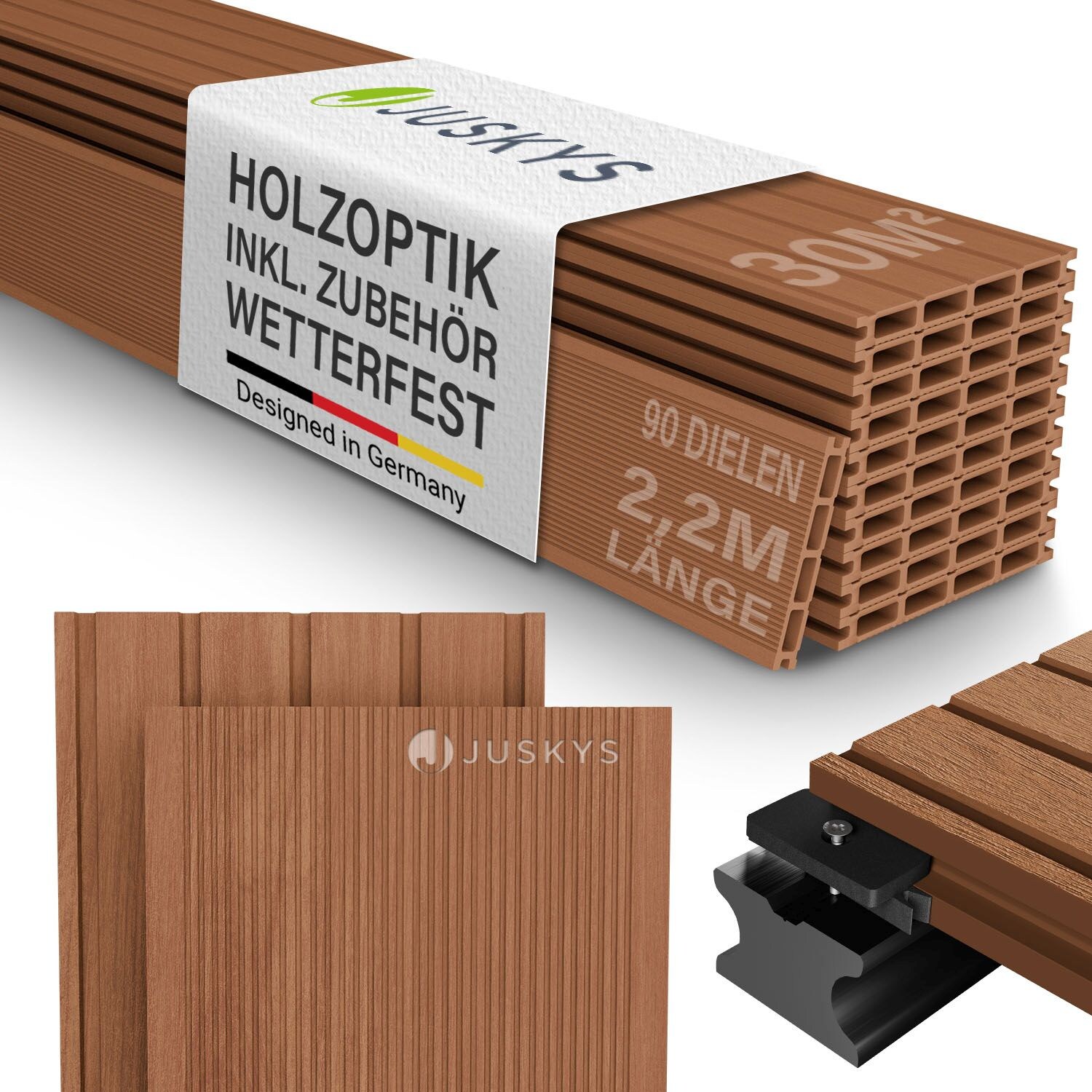 WPC Terrassendielen 30 m² – 220 cm Dielen, wetterfest inkl. Unterkonstruktion – Teak