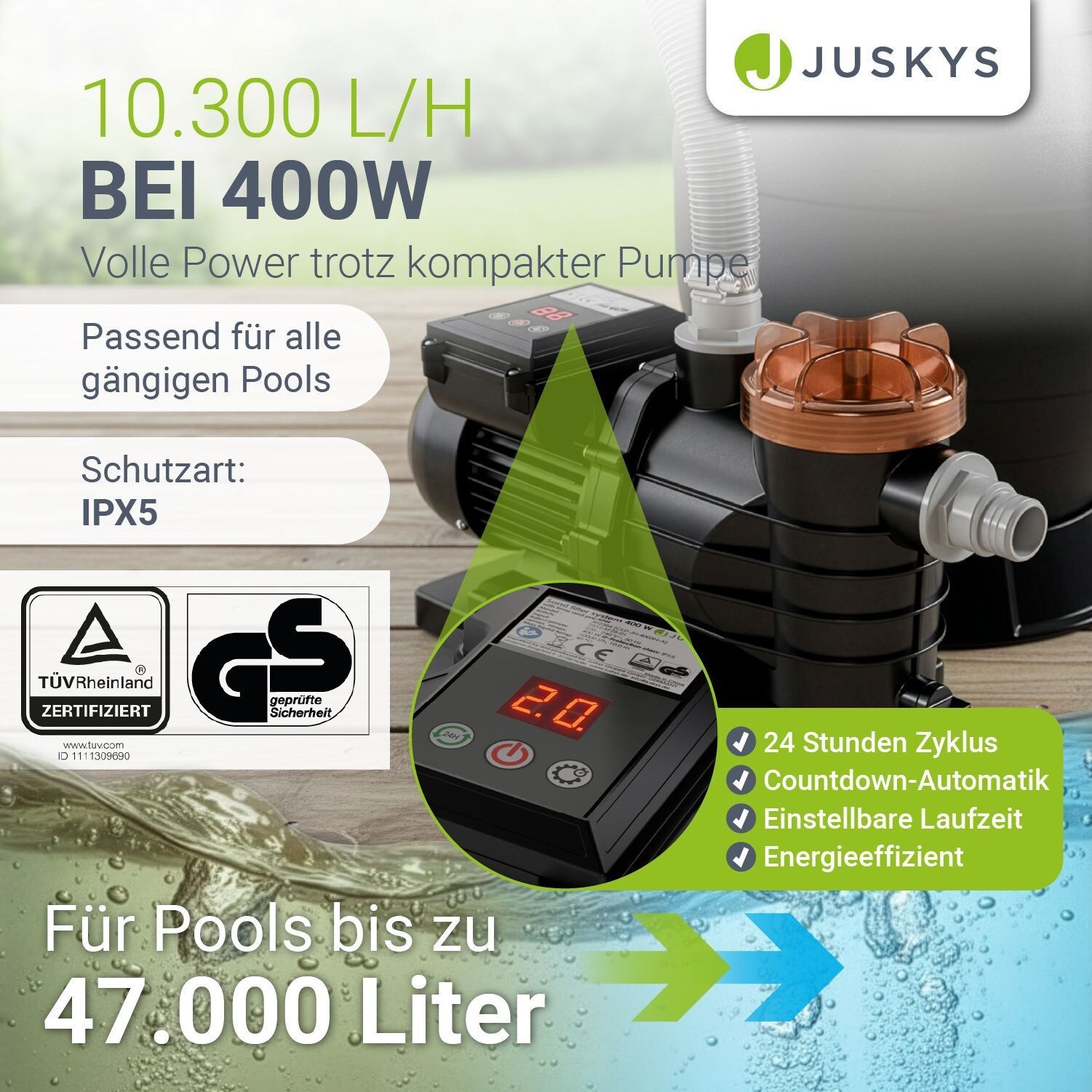 ® Sandfilteranlage 400W - mit Timer-Funktion & Vorfilter, leistungsstarke Poolfilteranlage, Filtration mit 7-Wege-Ventil, Robustes Material,  Volumen
