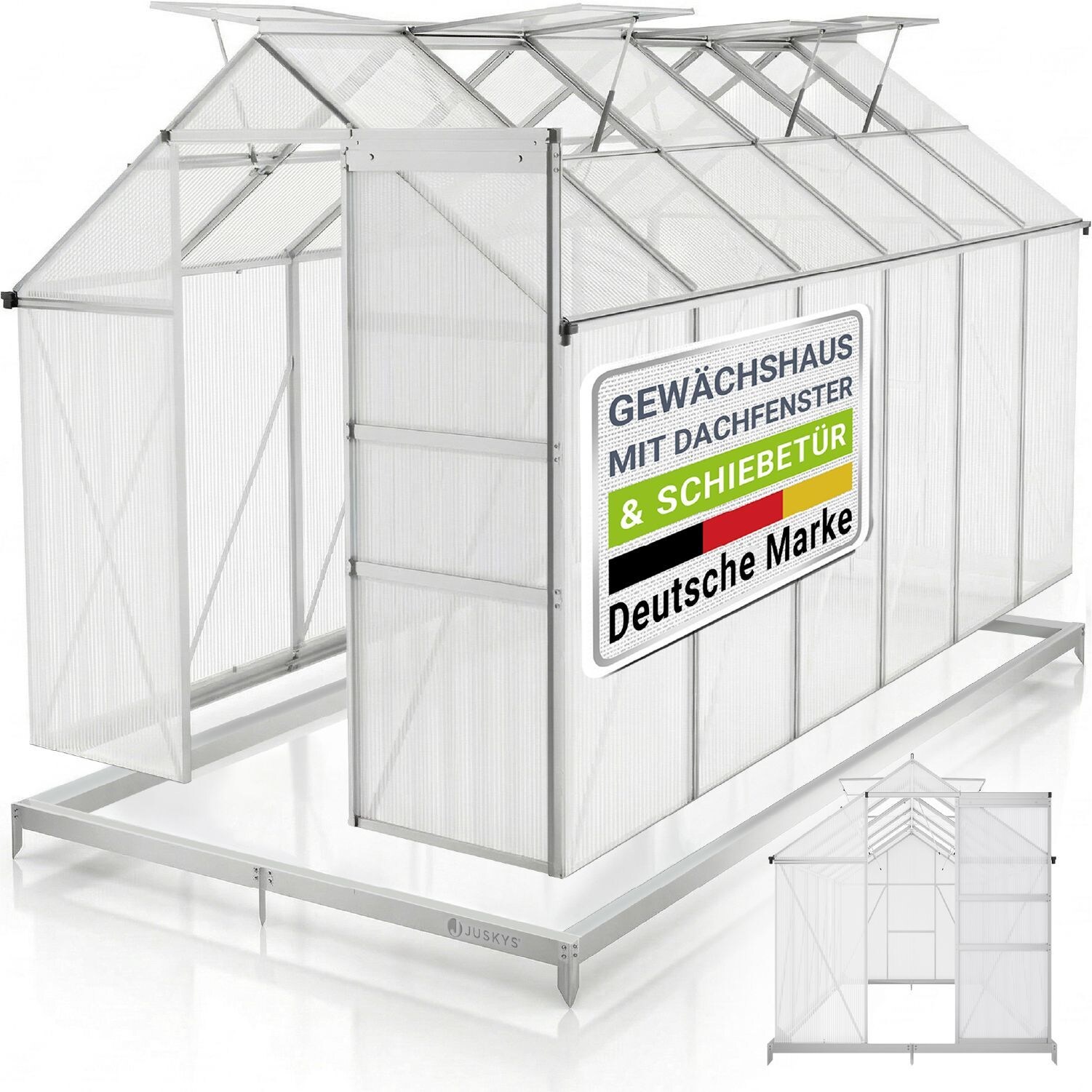 JUSKYS® Aluminium Gewächshaus 7,2 m² - 4 Dachfenster inkl. Fundament für Garten