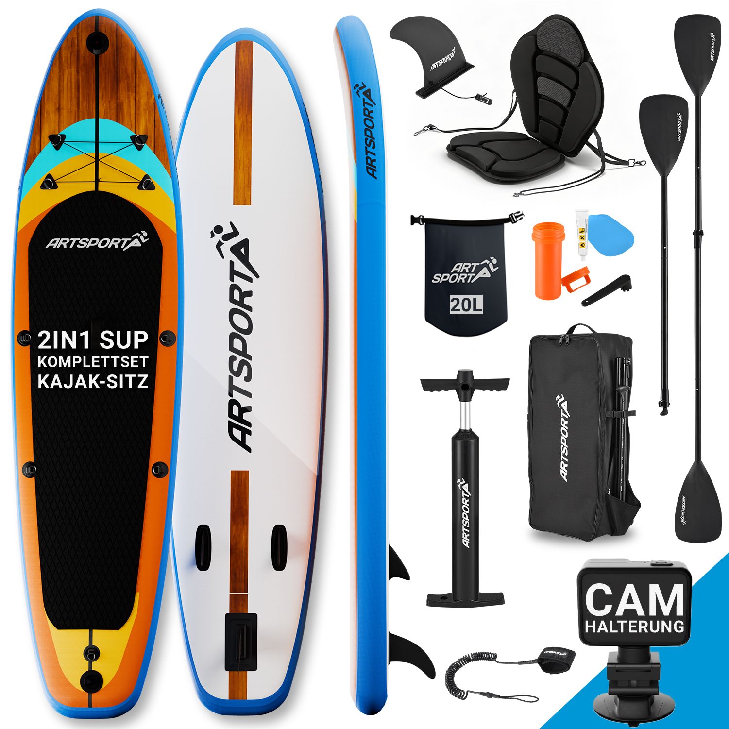 ArtSport Stand Up Paddle Board Beach Rocker mit Kajak-Set &ndash; Aufblasbares SUP Board Set bis 150 kg - Wei&szlig; & Bunt 