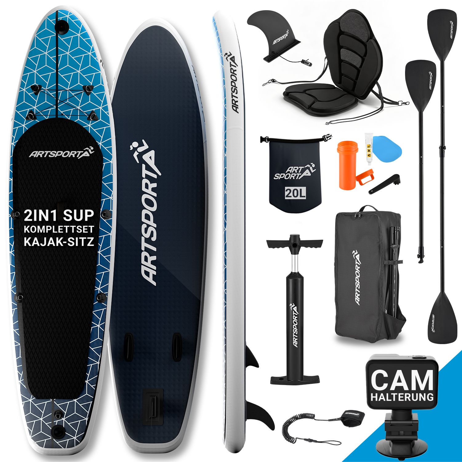 ArtSport Stand Up Paddle Board Deep Ocean mit Kajak-Set &ndash; Aufblasbares SUP Board Set bis 150 kg - Blau-Wei&szlig; 