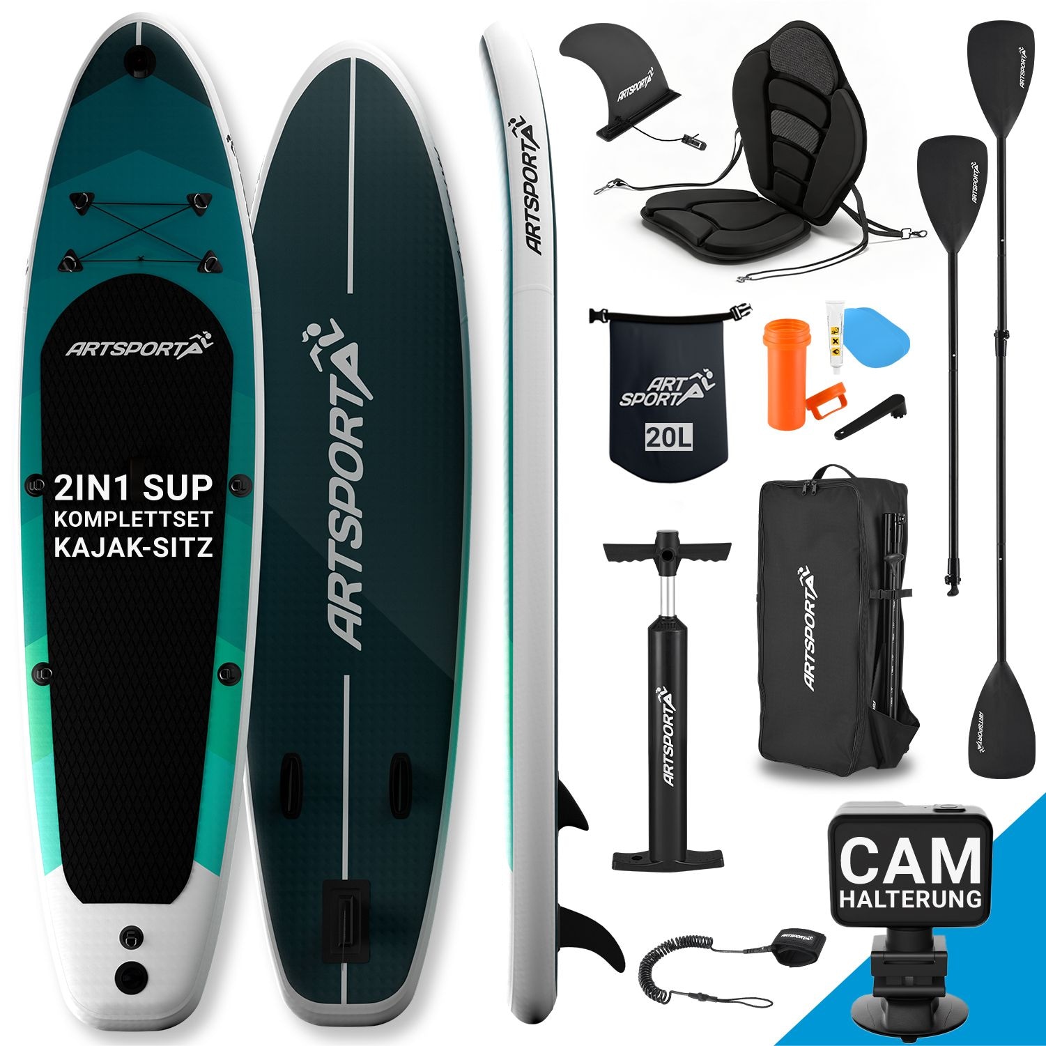 ArtSport Stand Up Paddle Board Blue Wave mit Kajak-Set &ndash; Aufblasbares SUP Board Set bis 150 kg - Blau-Schwarz 