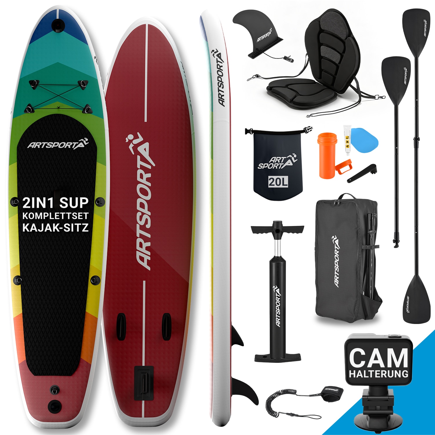 ArtSport Stand Up Paddle Board Retro Love mit Kajak-Set &ndash; Aufblasbares SUP Board Set bis 150 kg - Rot-Bunt 