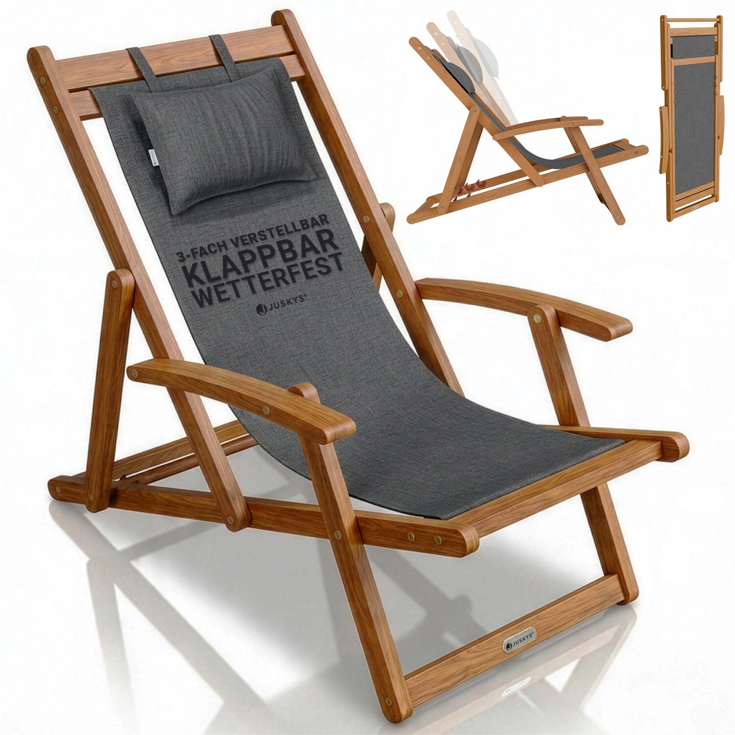 ® Sonnenliege Tavira - Dunkelgrau, Akazienholz Liege mit UV-beständigem Polyesterbezug, verstellbare Komfortposition, klappbar