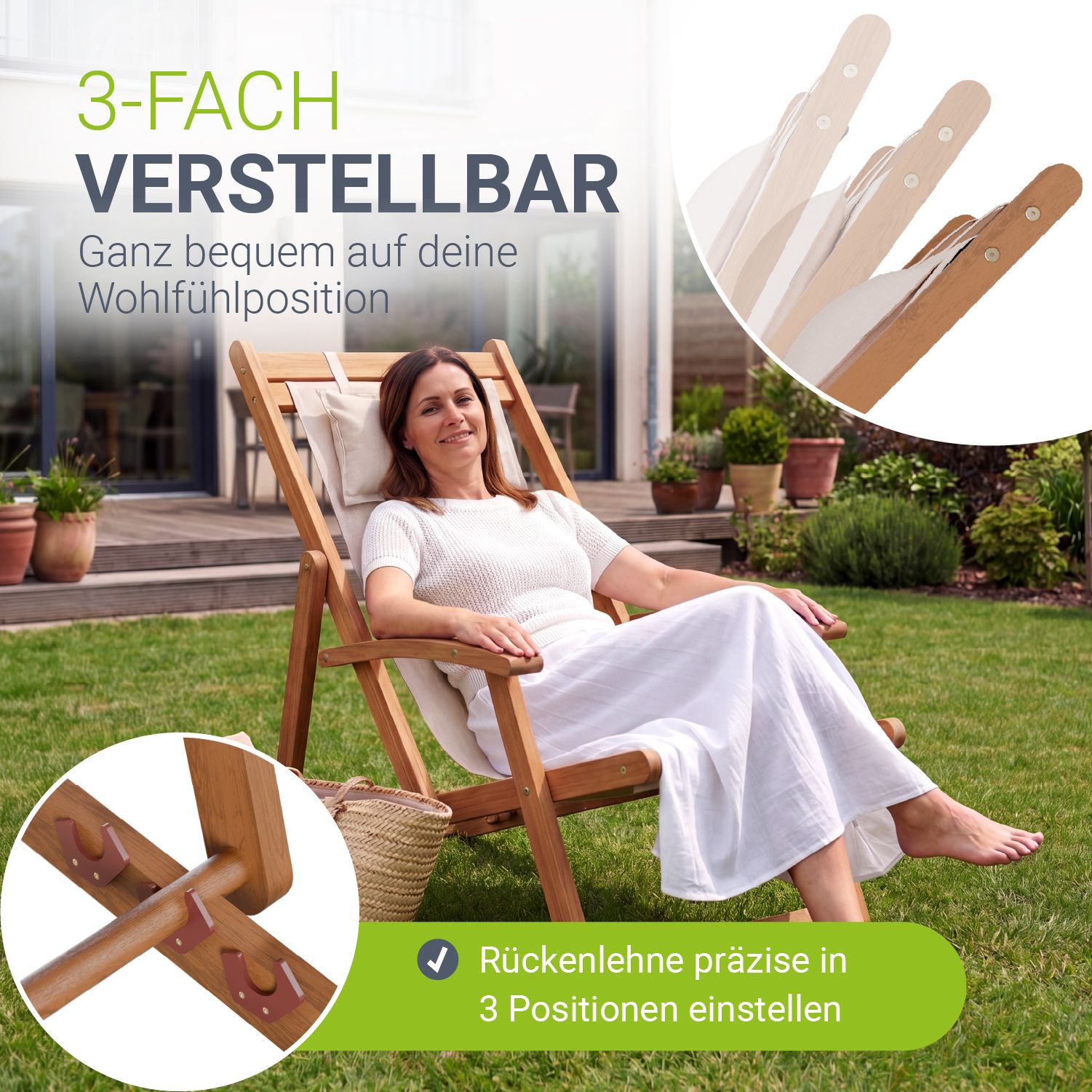 JUSKYS&reg; Sonnenliege Tavira - Creme, Akazienholz Liege mit UV-best&auml;ndigem Polyesterbezug, verstellbare Komfortposition, klappbar 