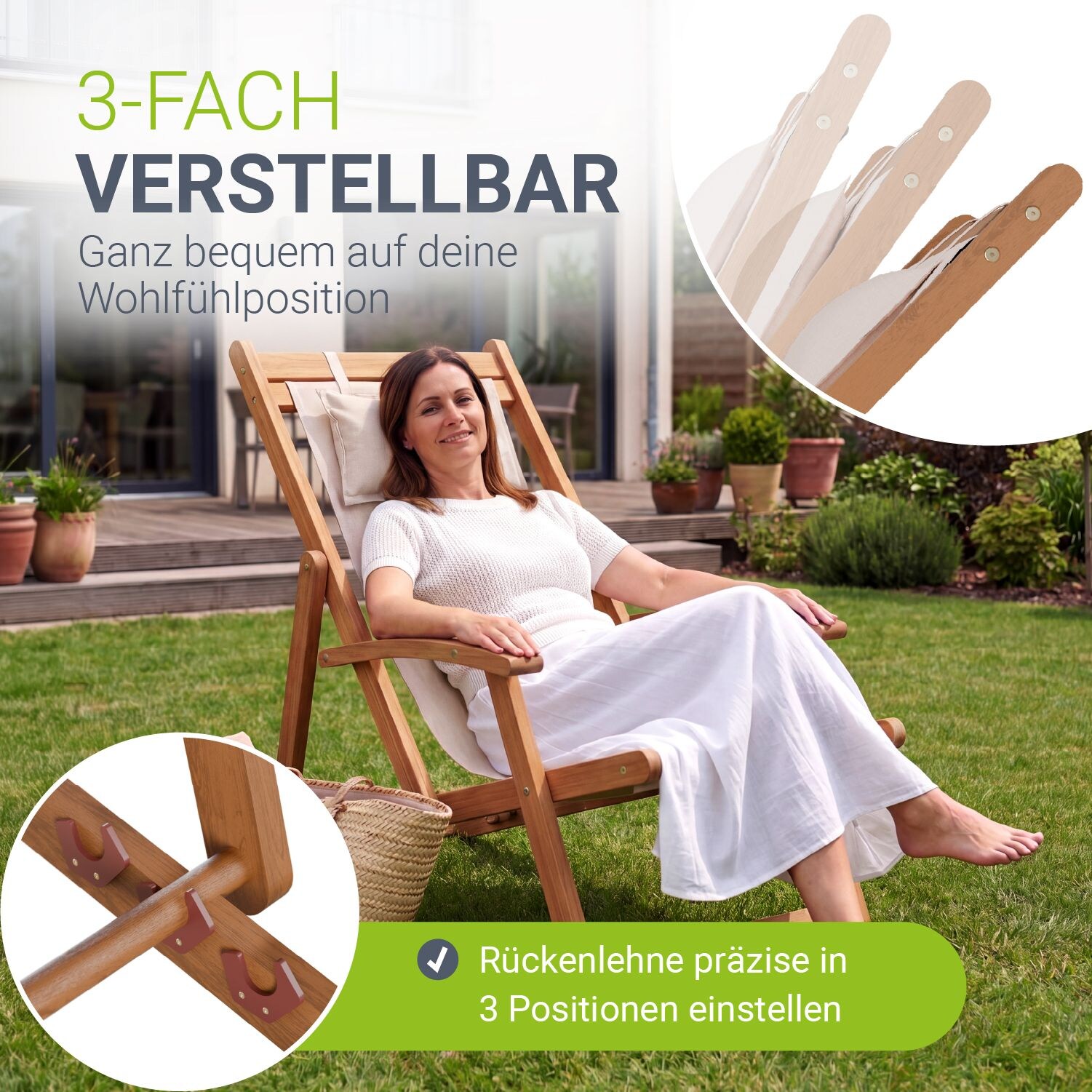 ® Sonnenliege Tavira - Creme, Akazienholz Liege mit UV-beständigem Polyesterbezug, verstellbare Komfortposition, klappbar