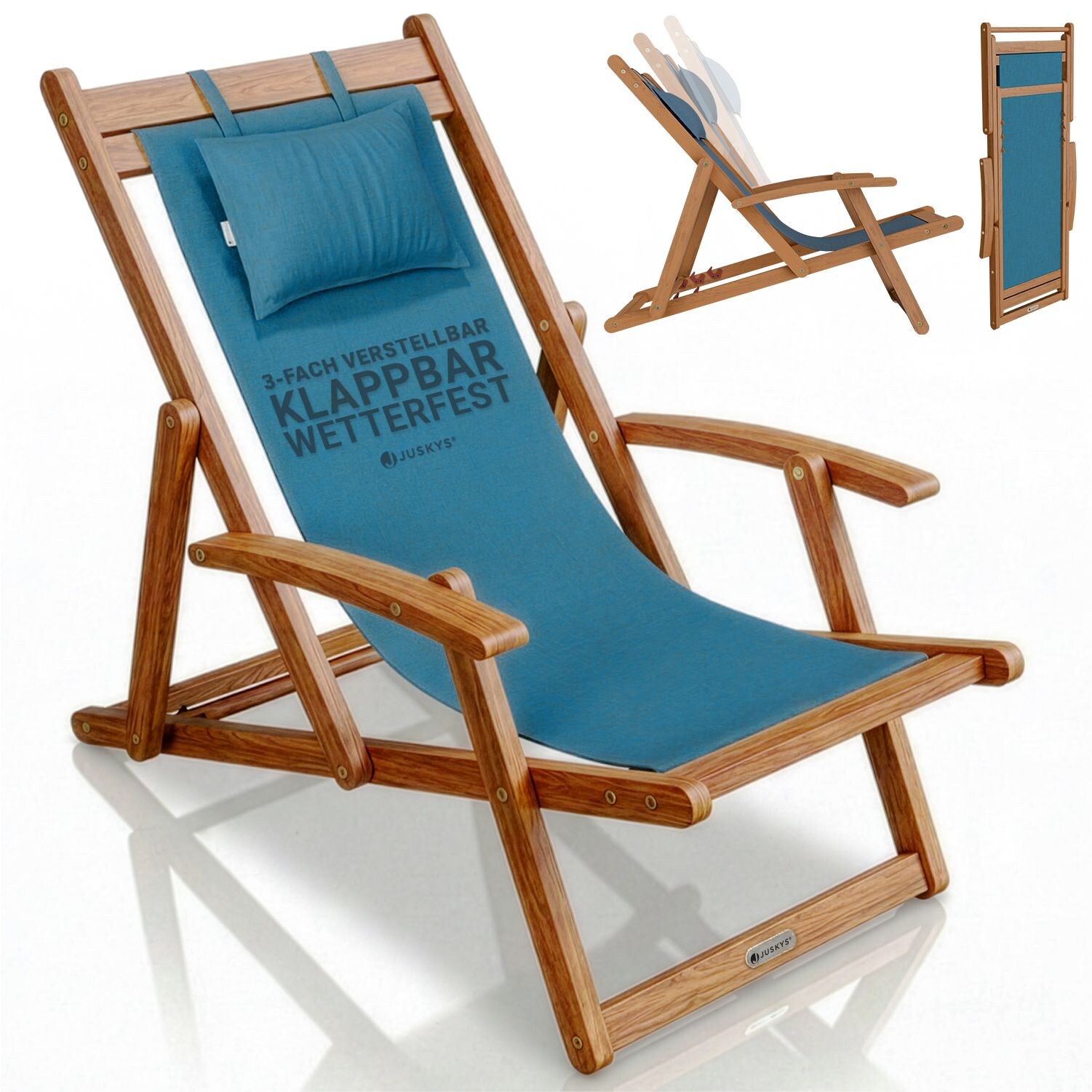 ® Sonnenliege Tavira - Petrol, Akazienholz Liege mit UV-beständigem Polyesterbezug, verstellbare Komfortposition, klappbar