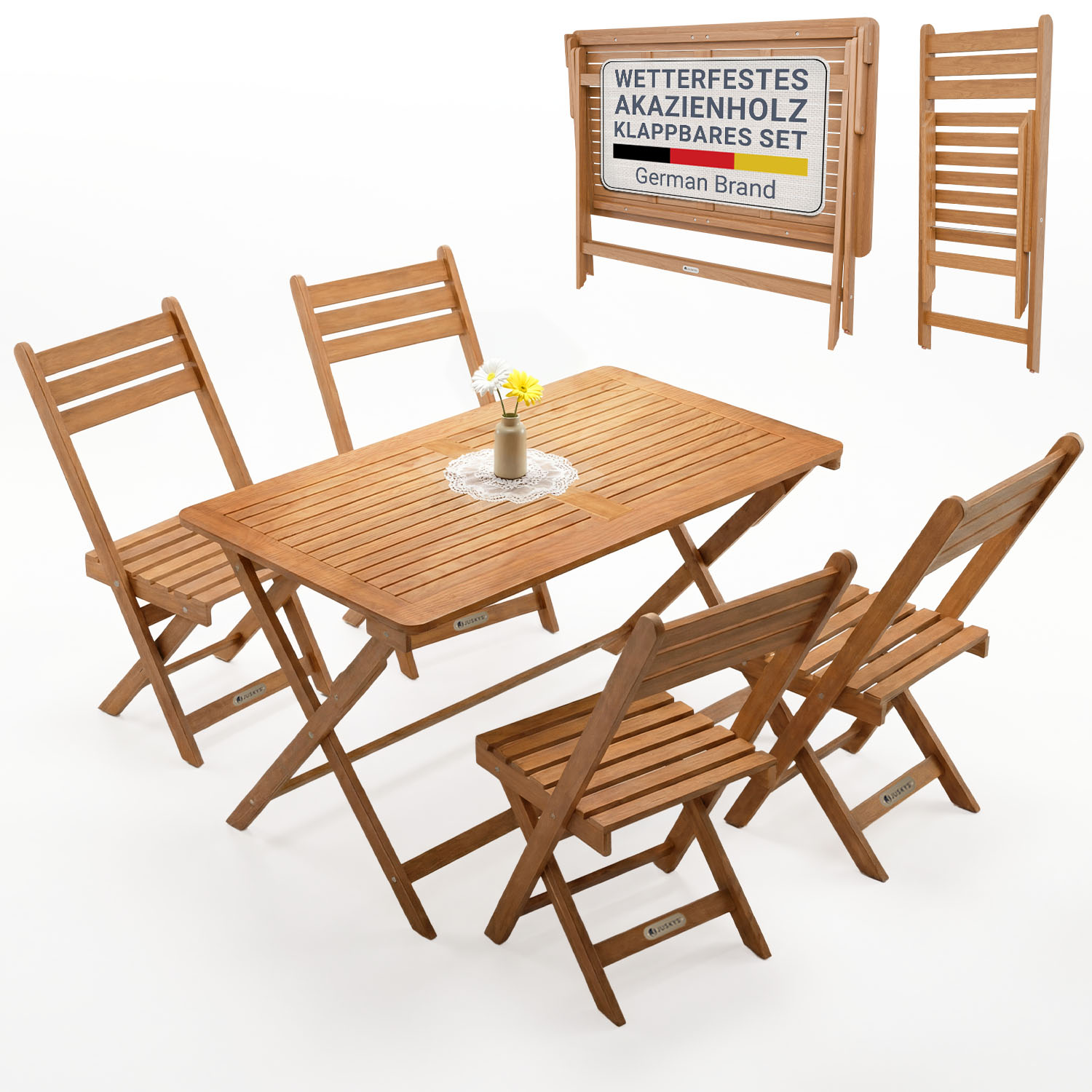 JUSKYS&reg; Gartenm&ouml;bel Set Rimini - 5-teiliges Set, Natur, Akazie, vorge&ouml;lt, stabil & langlebig 