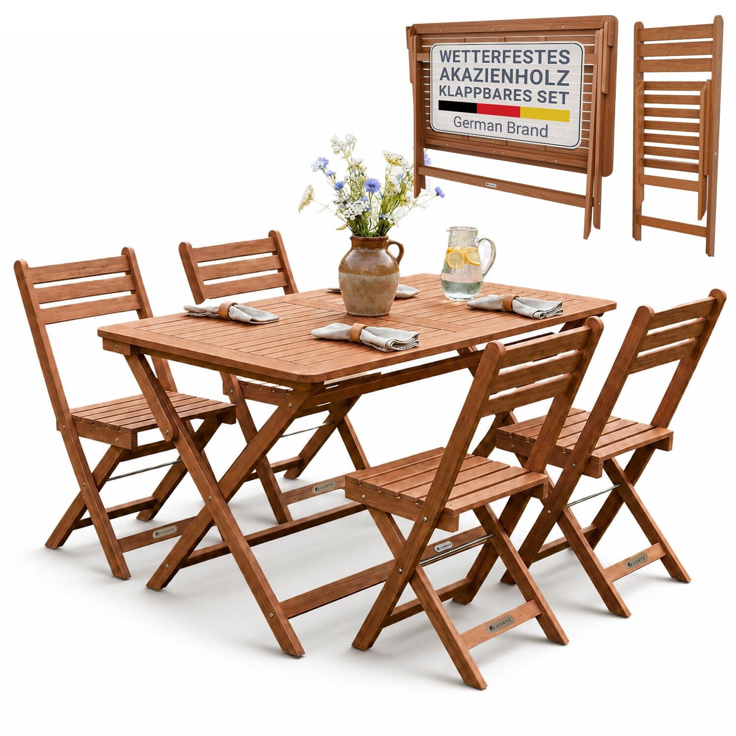 JUSKYS® Gartenmöbel Set Rimini - 5-teiliges Set, Natur, Akazie, vorgeölt, stabil & langlebig