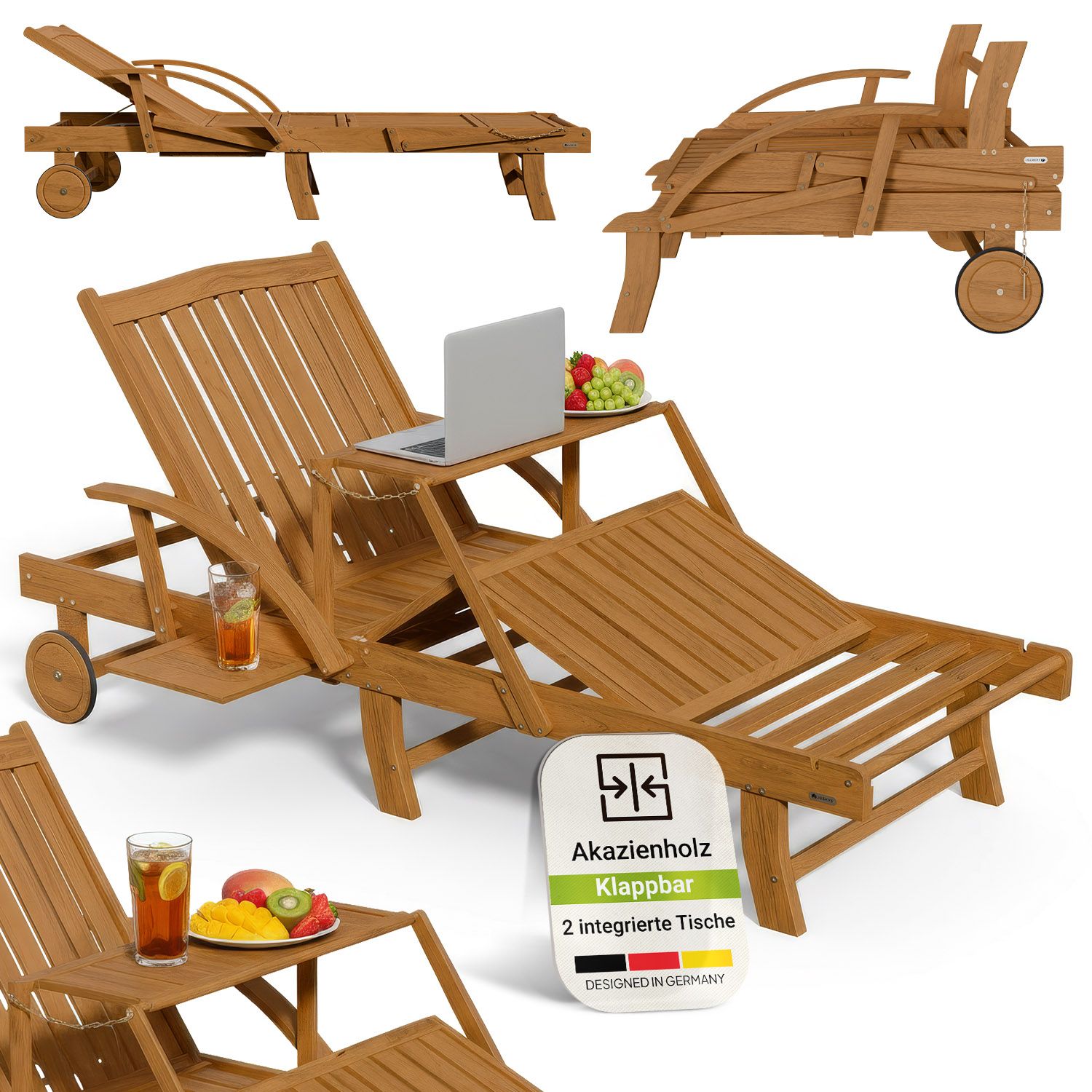 Juskys&reg; Sonnenliege SunScape - Akazie, Natur, ge&ouml;lt, klappbar, inkl. Klapptisch, 196x72,5x30 cm 