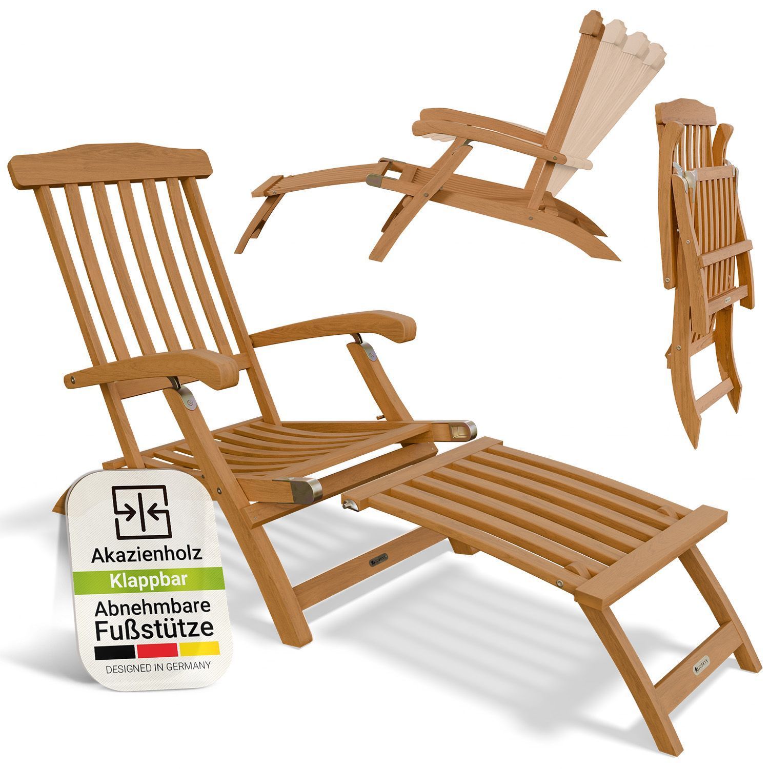 Juskys&reg; Sonnenliege Evia - klappbar f&uuml;r Garten & Terrasse, ge&ouml;ltes Akazienholz f&uuml;r nat&uuml;rliche Optik & langlebige Nutzung, 196x54x95 cm in Natur 