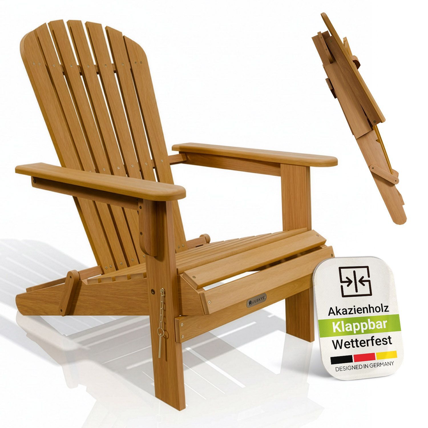 Juskys&reg; Garten Liegestuhl Korfu &ndash; aus Akazienholz, klappbar, 85x69x94 cm, natur, ge&ouml;lt, Gartenstuhl, Sonnenliege 