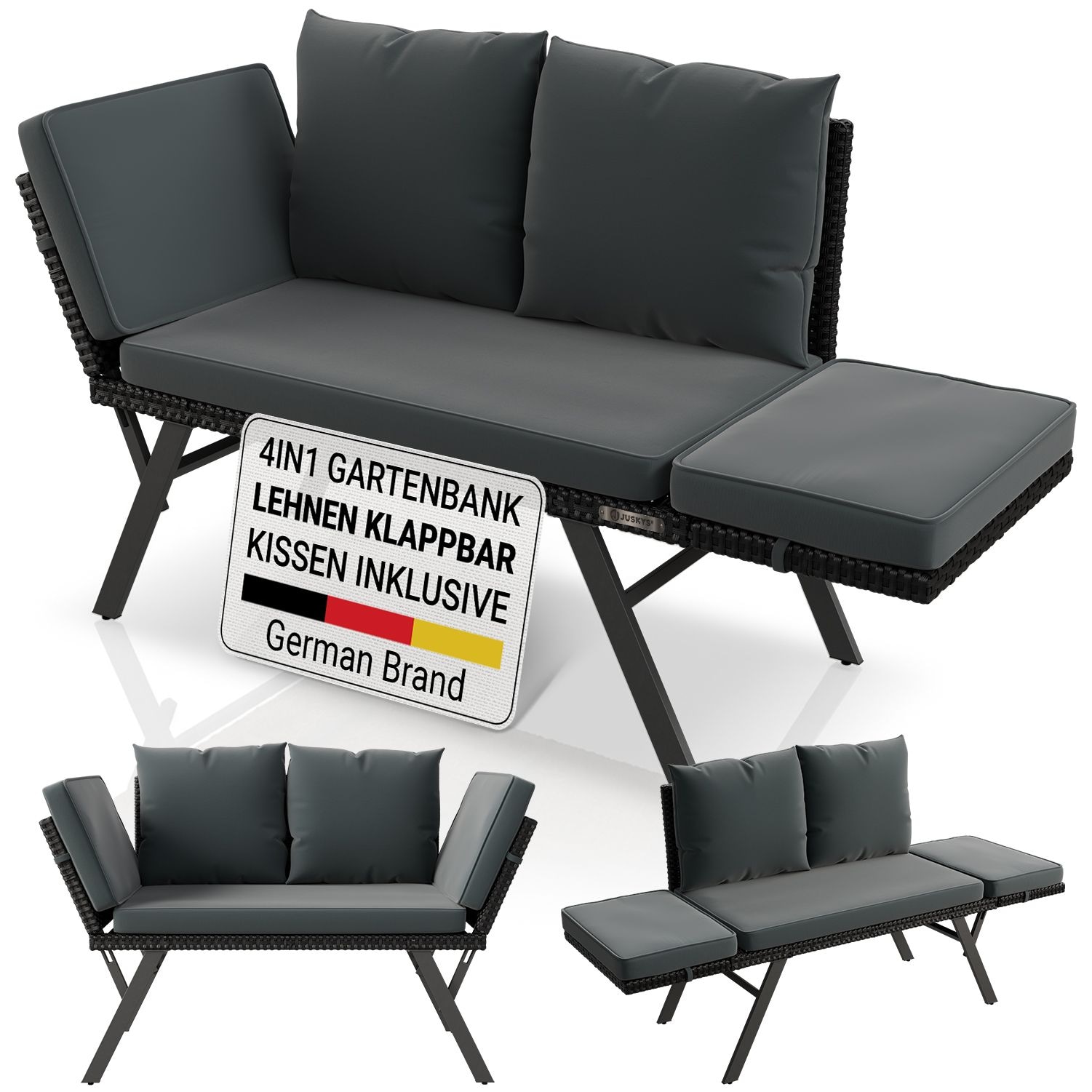 JUSKYS&reg; Gartenbank Calvia - klappbare Bank mit Sonnenliegefunktion f&uuml;r den Garten, Polyrattan, gepolstert, belastbar bis 240 kg, schwarz / grau 