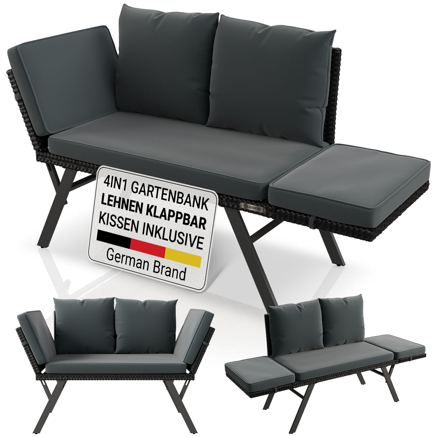 ® Multifunktionsbank Calvia - klappbare Bank mit Sonnenliegefunktion für den Garten, Polyrattan, gepolstert, belastbar bis , schwarz / grau