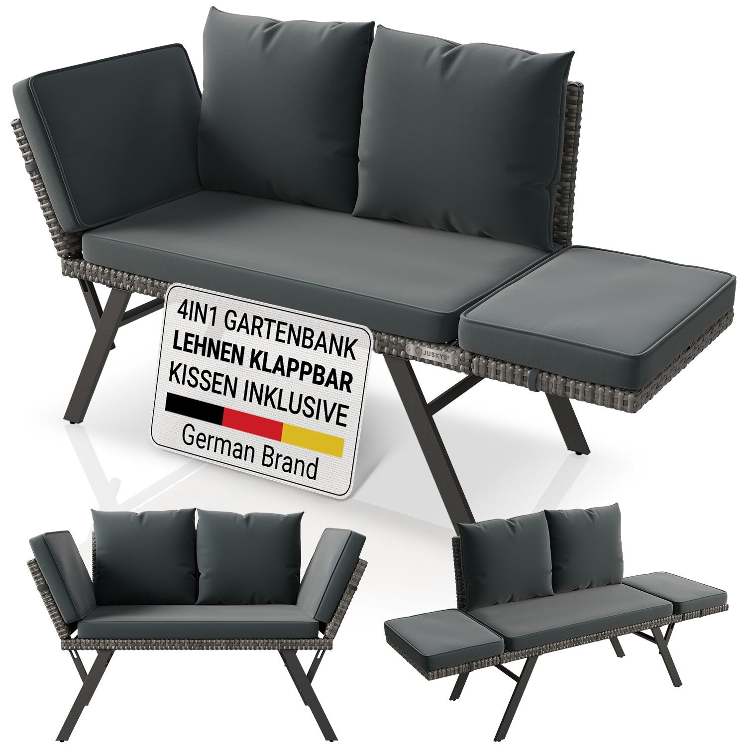 ® Multifunktionsbank Calvia - klappbare Bank mit Sonnenliegefunktion für den Garten, Polyrattan, gepolstert, belastbar bis , grau-meliert / grau