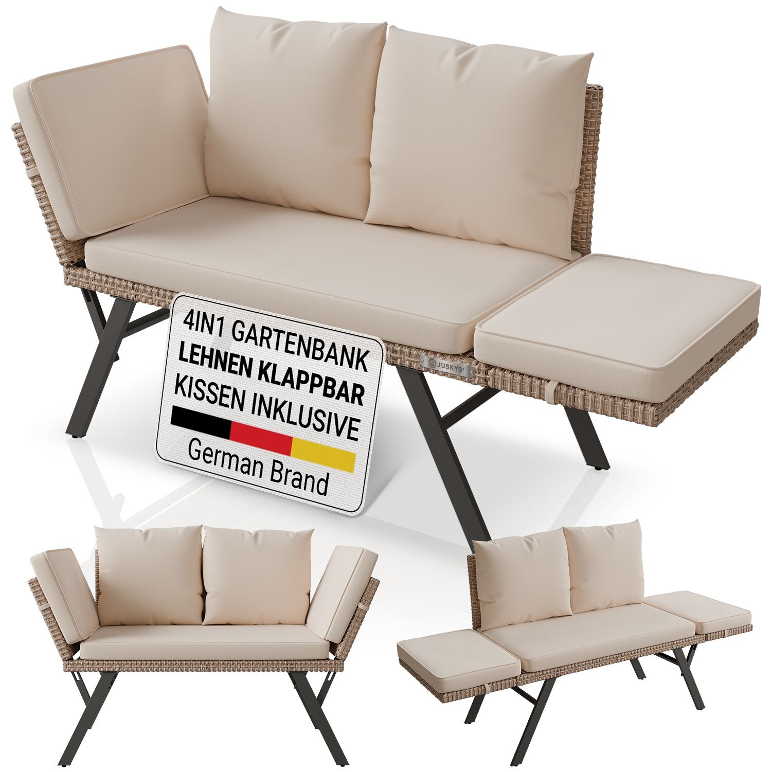 ® Multifunktionsbank Calvia - klappbare Bank mit Sonnenliegefunktion für den Garten, Polyrattan, gepolstert, belastbar bis , creme / sand