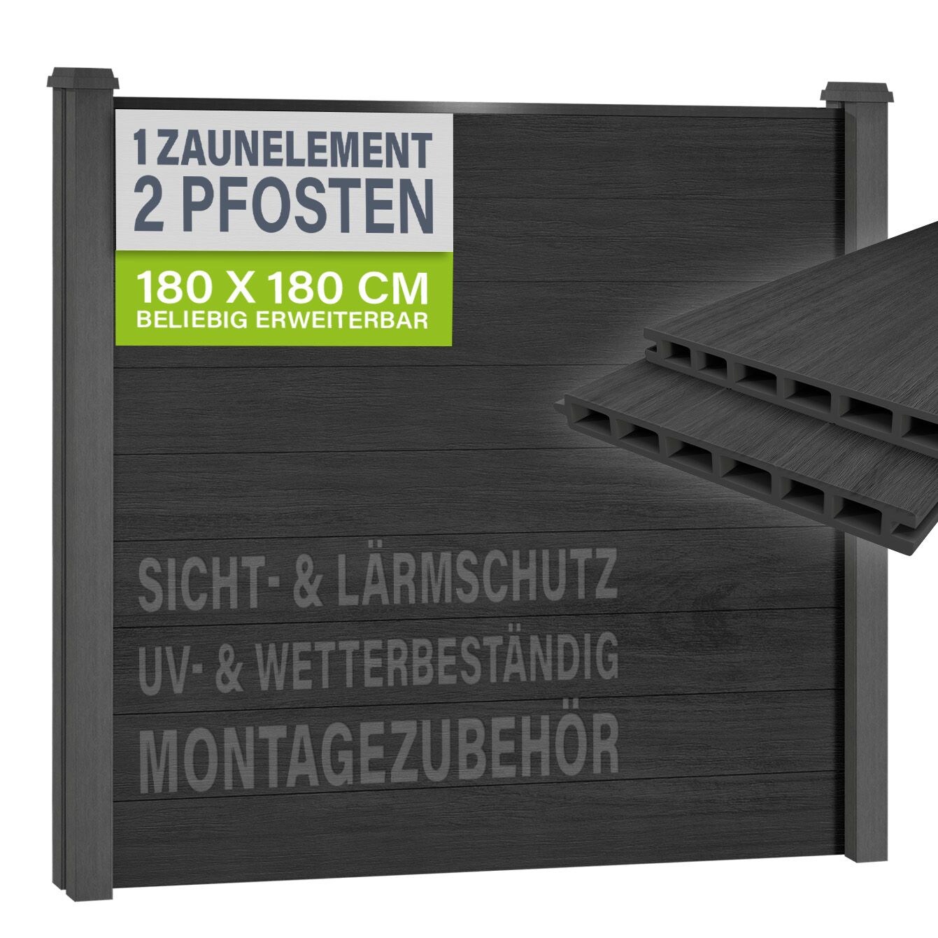 JUSKYS® WPC Sichtschutzzaunsystem 1er Set - Komplettset inkl. 2 WPC Pfosten & Zubehör, Gartenset WPC- & Stahlkonstruktion, Anthrazit / Grau